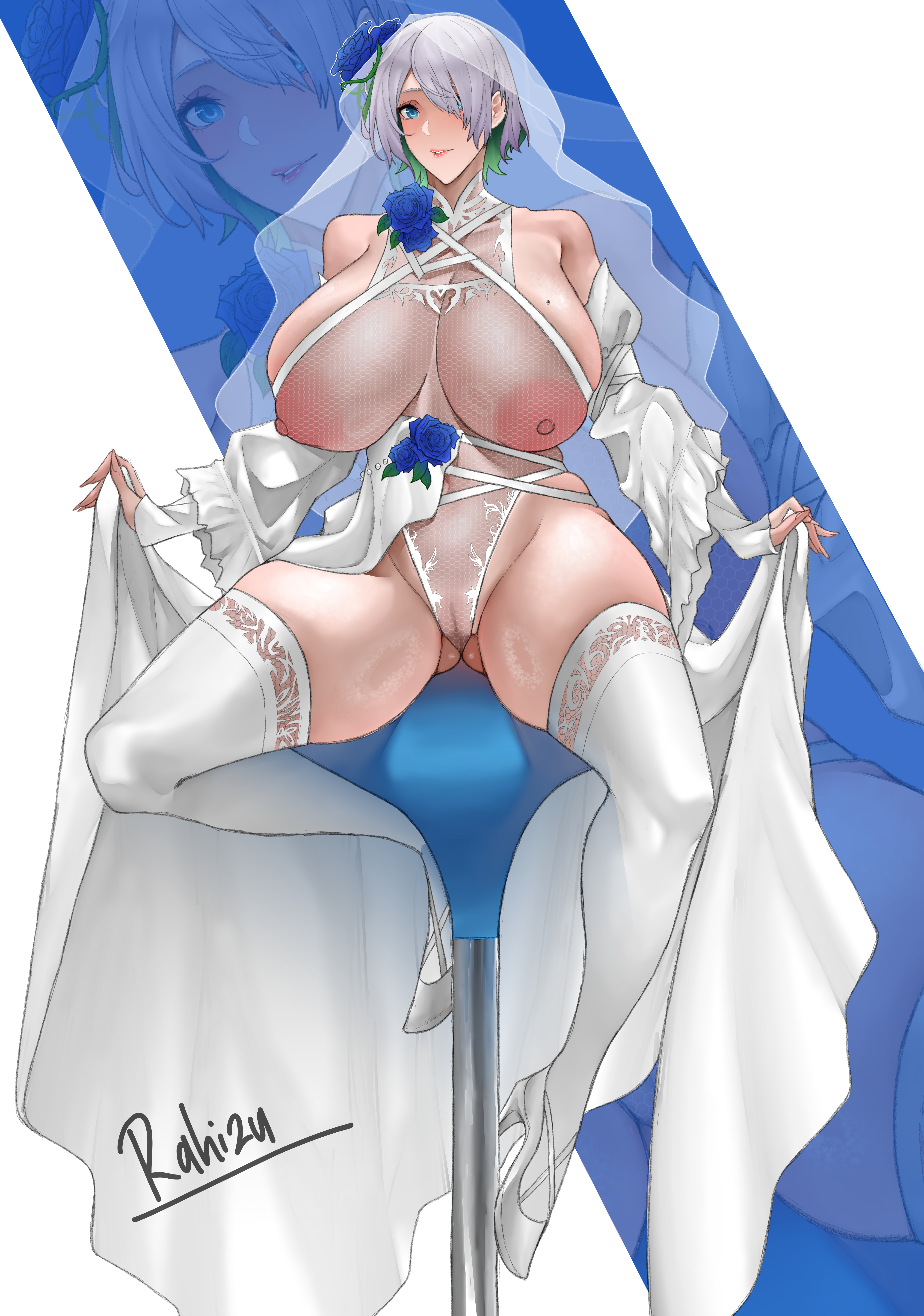 1girls, afterimage, areolae, artist name, ass visible through thighs, bare shoulders, blue eyes, blush, breasts, brid (nikke), bride, cameltoe, chair, detached sleeves, female, fingerless gloves, flower, gloves, goddess of victory: nikke, green hair, hair over one eye, hi res, high heels, huge breasts, leotard, looking at viewer, nipples, parted lips, pussy, rahizu, see-through, simple background, sitting, skindentation, smile, solo, solo female, thighs, two-tone hair, veil, voluptuous, watermark, wedding dress, white gloves, white hair, white legwear, white leotard