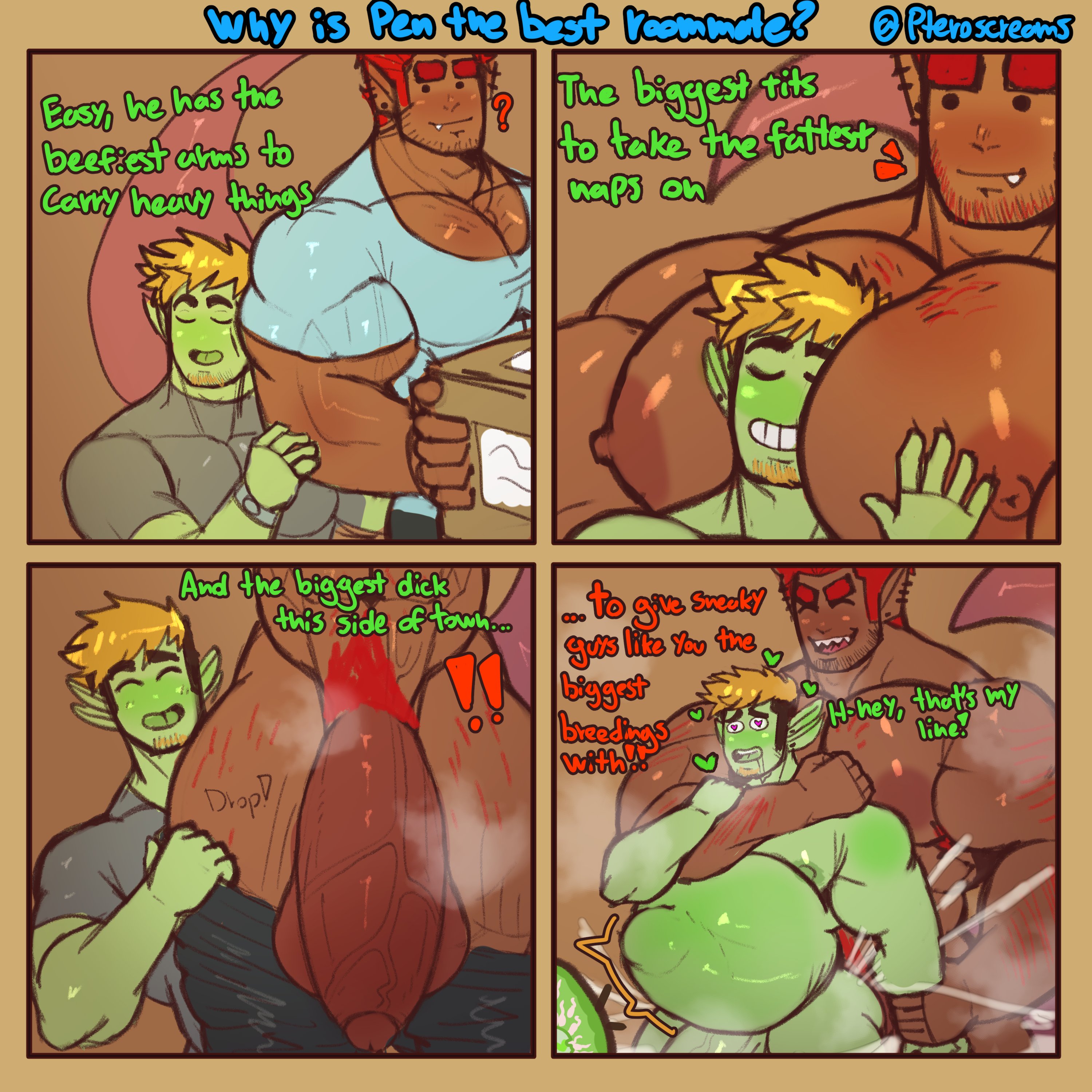 4 ears, anal, anal sex, ass, balls, bara, big balls, big belly, big pecs, big penis, blush, box, comic, cum, cum in ass, facial hair, flaccid, gay, inflation, male, male only, multi ear, muscles, muscular, muscular chest, muscular male, musk, oc, orgasm, original character, pen (pteroscreams), penis, pointy ears, pteroscreams, red hair, salvador (pteroscreams), sex, shirt, size difference, speech, stomach bulge, tail, text, undressing, undressing another, yaoi
