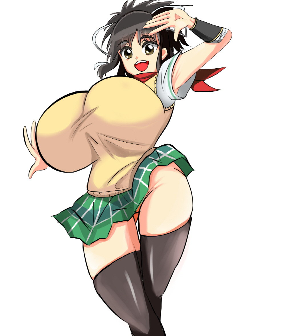 2023, asuka (senran kagura), blank background, bouncing breasts, breast expansion, breast growth, breast growth (enlargement), breasts, brown eyes, brown hair, female, hair ribbon, huge breasts, looking at viewer, marvelous, no panties, open mouth, school uniform, senran kagura, skindentation, skirt, stockings, tagme, upskirt