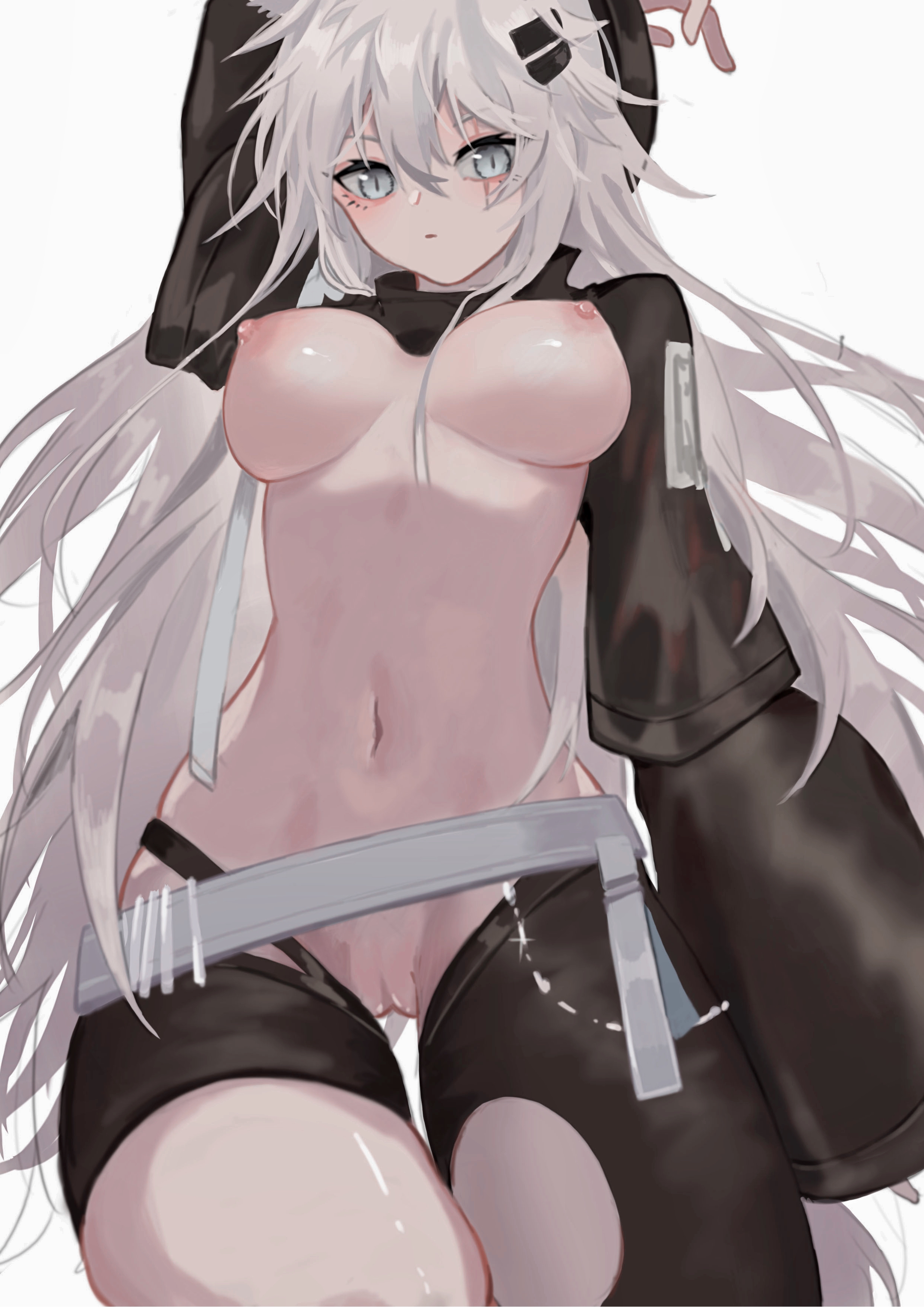 1girls, 2023, animal ears, arknights, bare breasts, breasts, cookies43188394, female, grey hair, hi res, kemonomimi, lappland (arknights), light skin, light-skinned female, long hair, looking at viewer, midriff, navel, nipples, no panties, nude, solo, standing, white hair, wolf ears, wolf girl