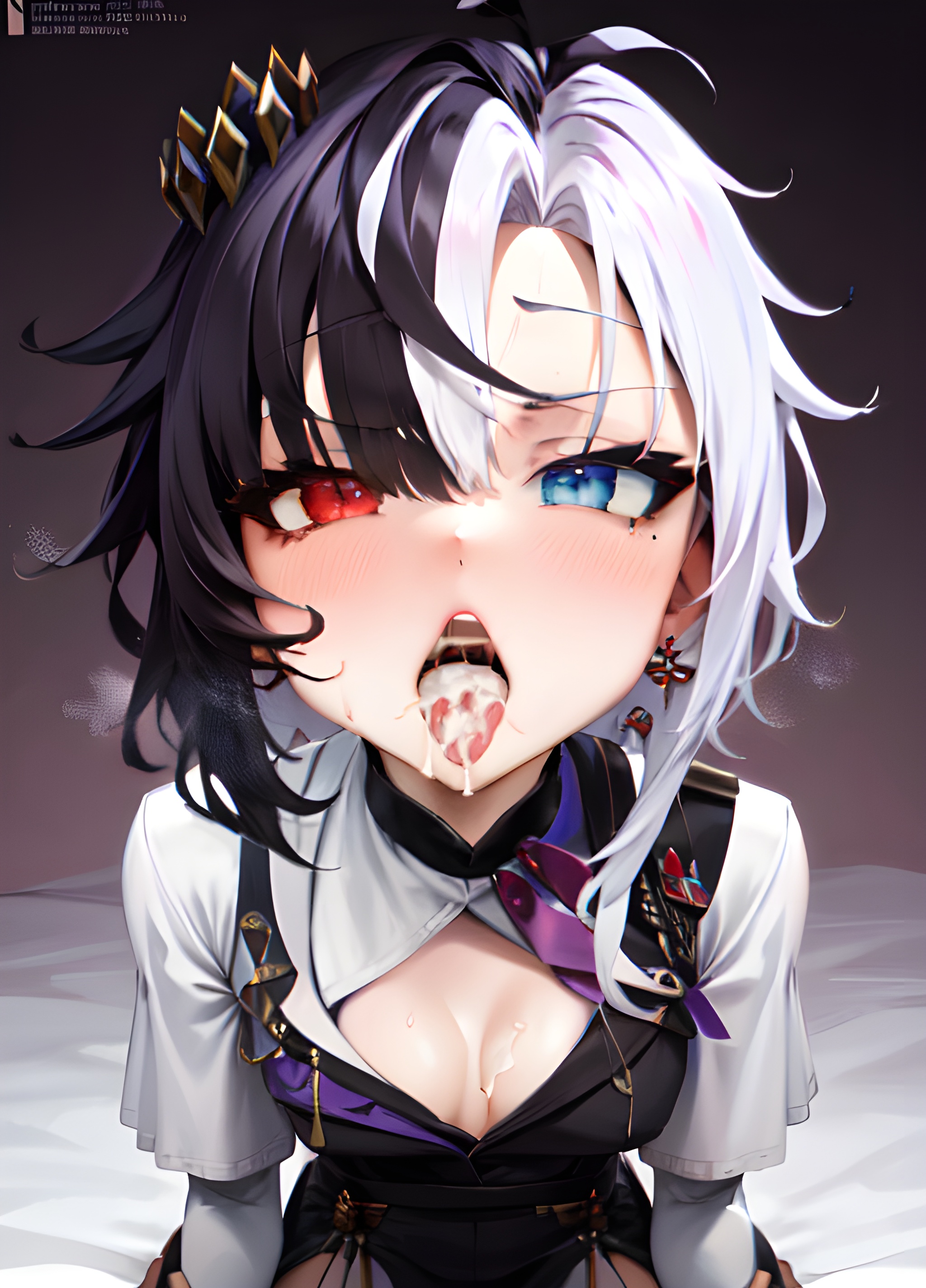 1girls, ai generated, asexual, blue eyes, blush, breasts, cleavage, crown, cum, cum in mouth, cum on breasts, e-sekai, female, heterochromia, hi res, idol corp, idol-en, kneeling, multicolored hair, open mouth, red eyes, rin penrose, short hair, small breasts, stable diffusion, tomboy, tongue, tongue out, virtual youtuber, vtuber