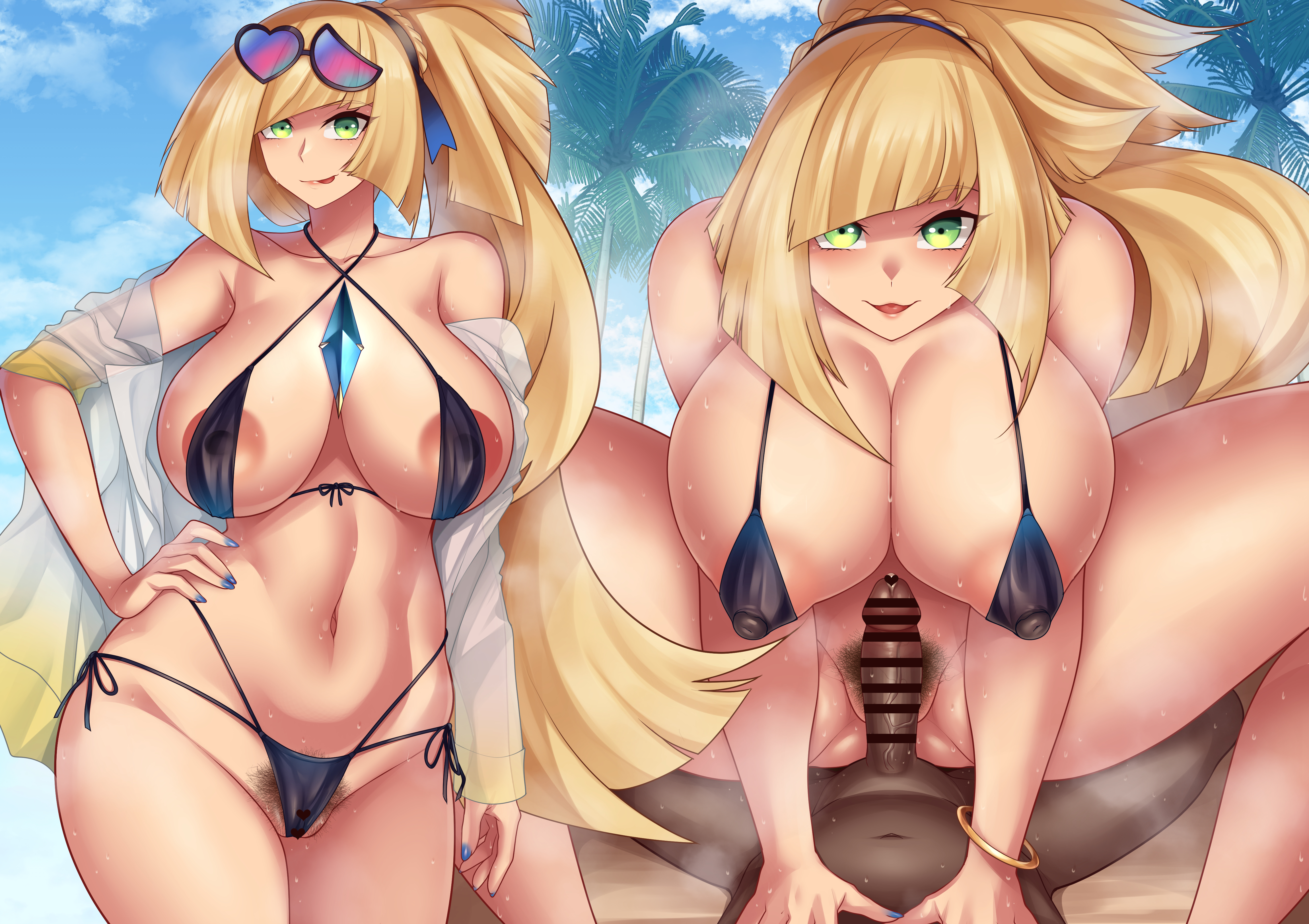 1boy, 1girls, aether foundation, big breasts, big penis, bikini, blonde hair, bracelet, breasts, breasts bigger than head, censor bar, censored, dark skin, dark-skinned male, female, glasses, green hair, imminent penetration, interracial, large breasts, light skin, light-skinned female, long hair, looking at viewer, lusamine (pokemon), male, male pov, mature female, milf, nail polish, nintendo, nipples visible through clothing, penis, pokemon, pokemon sm, ponytail, pov, pubic hair, pussy, sex, steam, sweat, thick thighs, voluptuous, voluptuous female, wet pussy, wide hips, yasuaki023