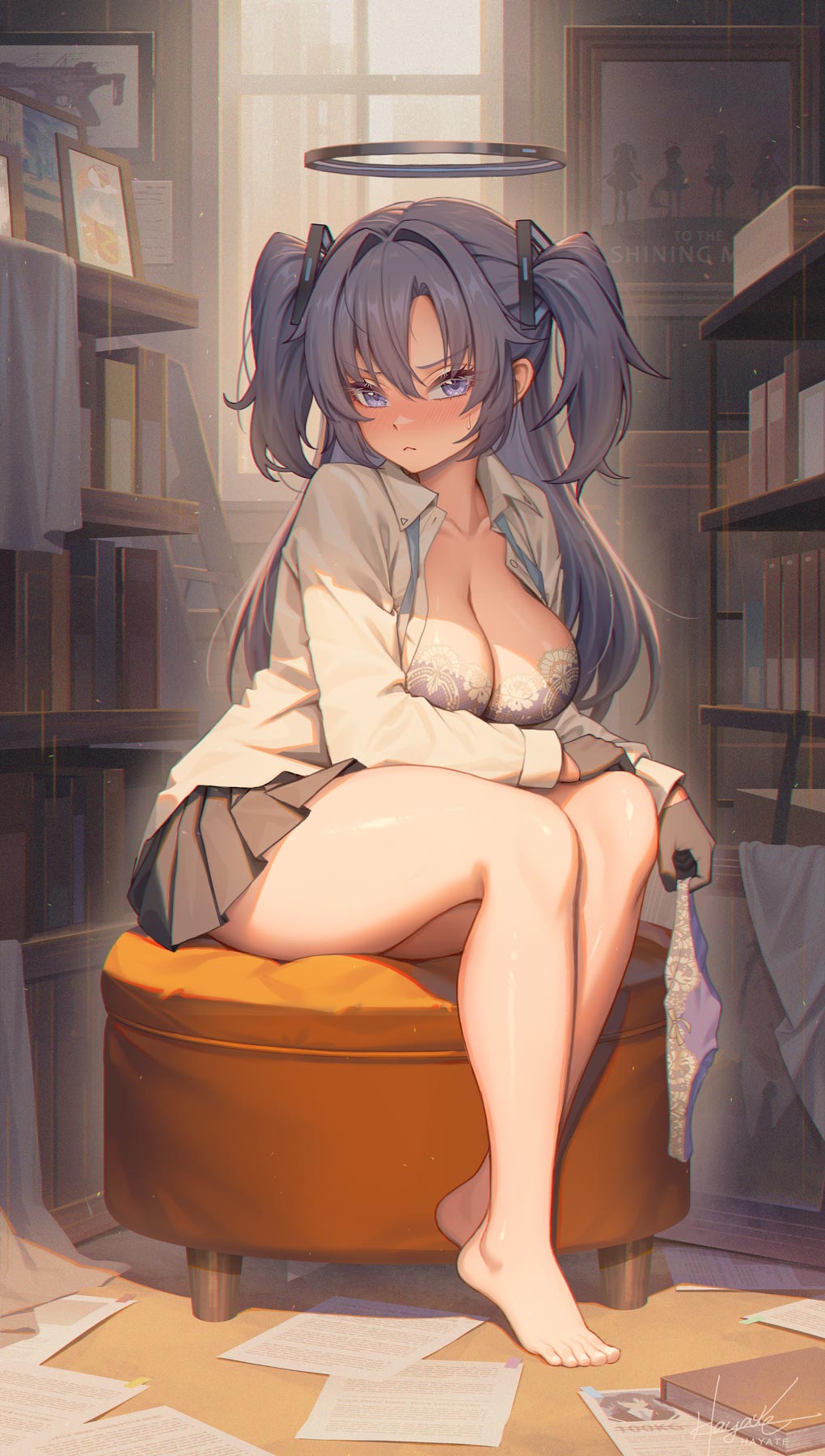 barefoot black_and_blue_halo blue_archive books cleavage embarrassed feet gloves horny huge_breasts leaf98k lingerie looking_at_viewer millennium_science_school_student no_panties nose_blush pages panties_removed picture_frame seminar_(blue_archive) signature sitting sweatdrop tagme_(artist) thick_thighs toenails yuuka_(blue_archive)