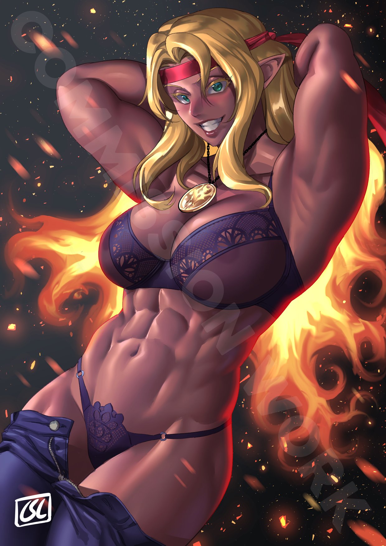 1girls abs armpits arms_behind_head blonde_hair breasts character_request commission copyright_request dark-skinned_female dark_skin green_eyes headband hi_res large_breasts muscular muscular_female navel necklace obliques pants pants_pull parted_bangs parted_lips phoebus_art pointy_ears sidelocks signature smile solo underwear unzipped watermark