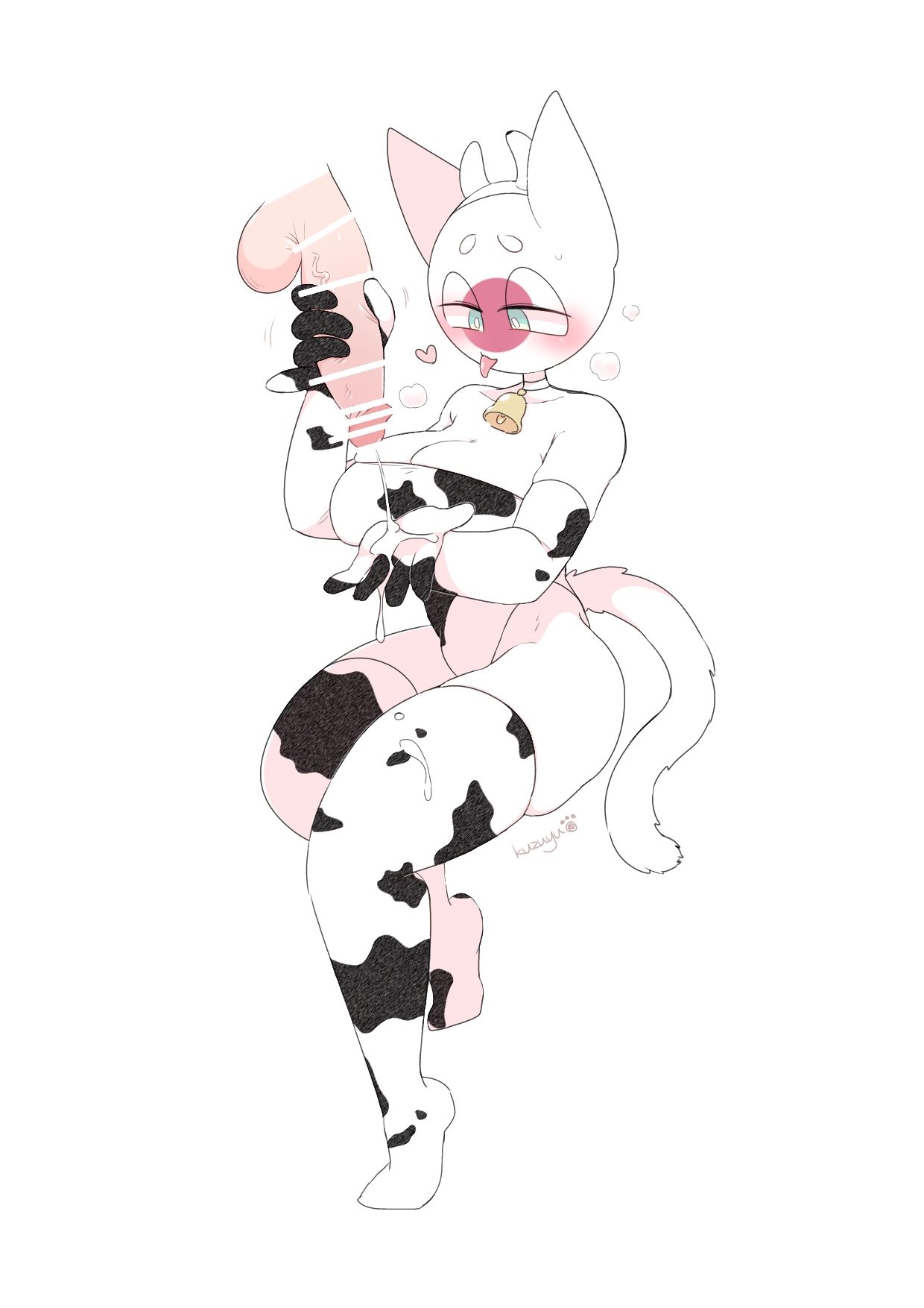 1boy, 1girls, animal ears, animal tail, balls, big breasts, breasts, censor bar, censored, censored penis, clothing, countryhumans, countryhumans girl, cow print, cum, female, female focus, gloves, handjob, headband, heart, japan (countryhumans), kuzuyu (artist), legwear, male, masturbation, pantyhose, penis, simple background, testicles, watermark, white background