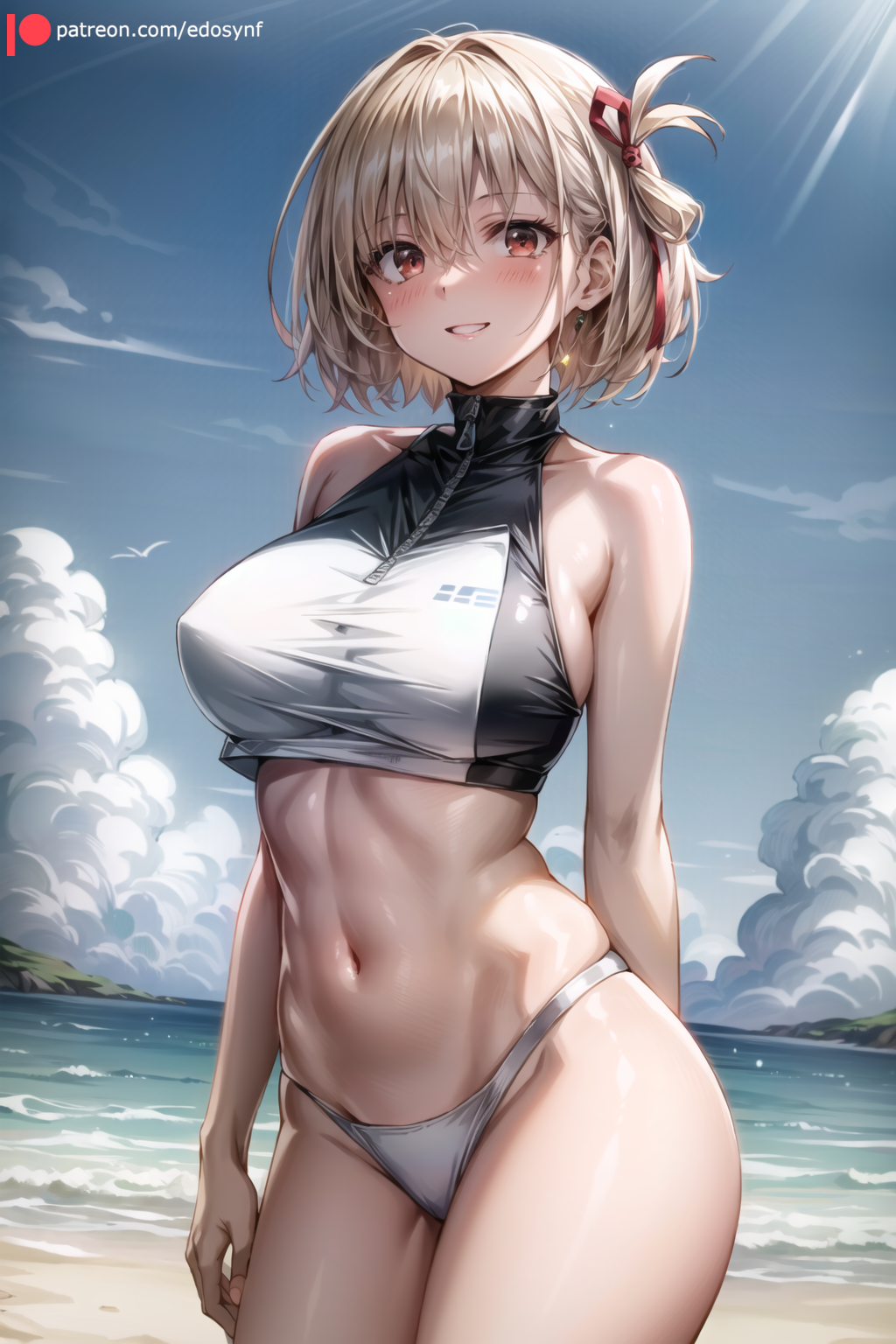ai generated, bangs, beach, bikini, blonde hair, blue sky, blush, breasts, cloud, day, edosynf, female, hair ribbon, highres, large breasts, looking at viewer, lycoris recoil, navel, nishikigi chisato, ocean, outdoors, red eyes, red ribbon, ribbon, short hair, sky, smile, solo, stomach, swimsuit, thighs