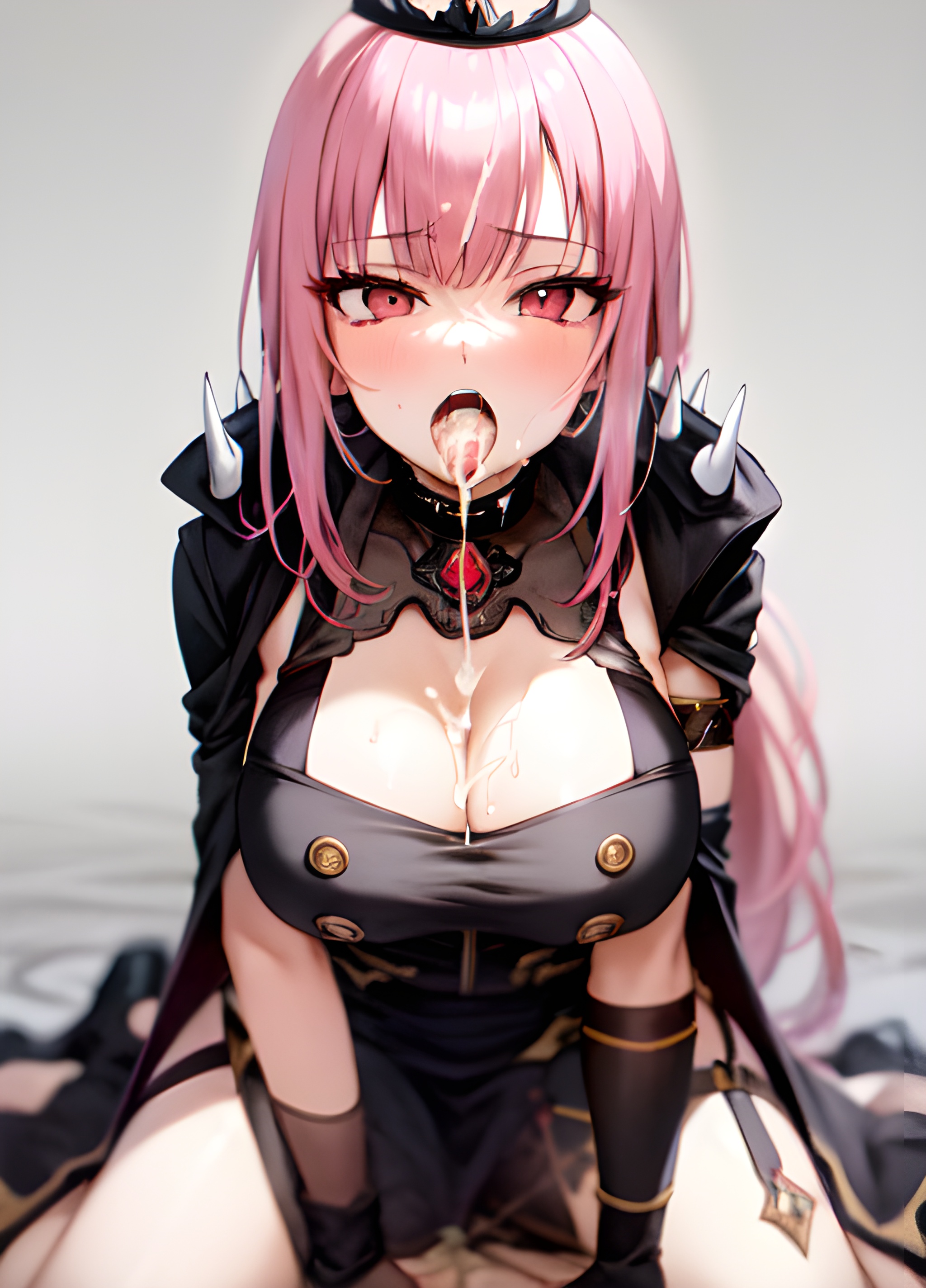 ai generated, blush, breasts, cleavage, cum, cum in mouth, cum on breasts, female, hololive, hololive english, hololive myth, huge breasts, kneeling, mori calliope, open mouth, pink eyes, pink hair, spikes, stable diffusion, tongue, tongue out, virtual youtuber