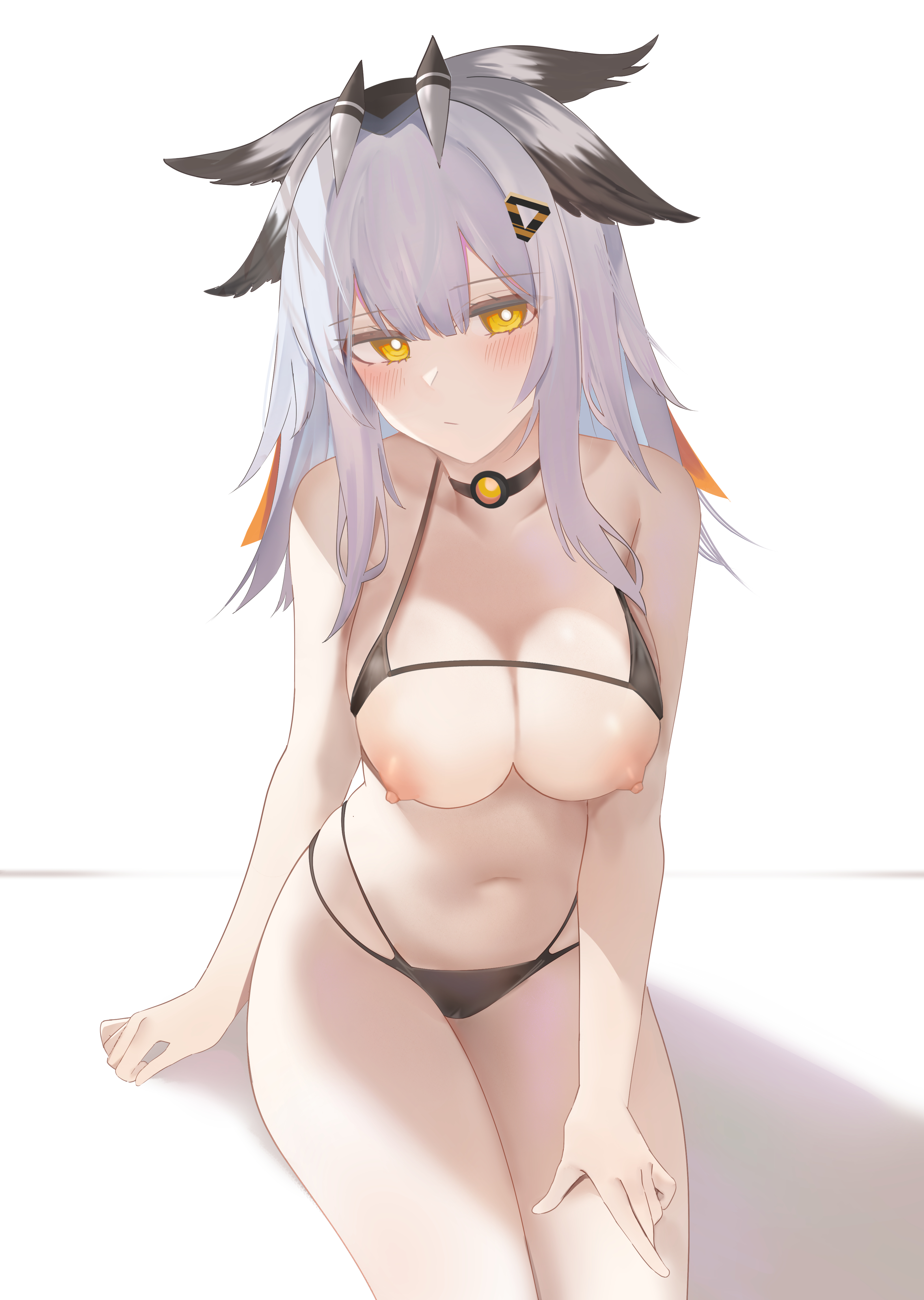 arknights, bikini, breasts, female, looking at viewer, navel, nipples, owl girl, ptilopsis (arknights), ru zhai, two-tone hair, yellow eyes