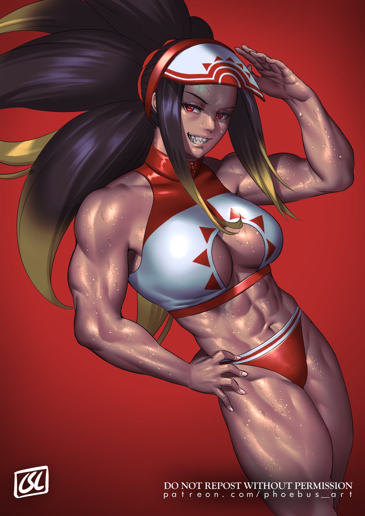 1girls abs alternate_version_at_source bikini breasts cleavage cleavage_cutout dark-skinned_female dark_skin hand_on_hip hi_res looking_at_viewer mentari_(phoebus_art) midriff multicolored_hair navel obliques original patreon_username phoebus_art red_background red_eyes sharp_teeth signature simple_background solo sweat swimsuit thick_thighs url