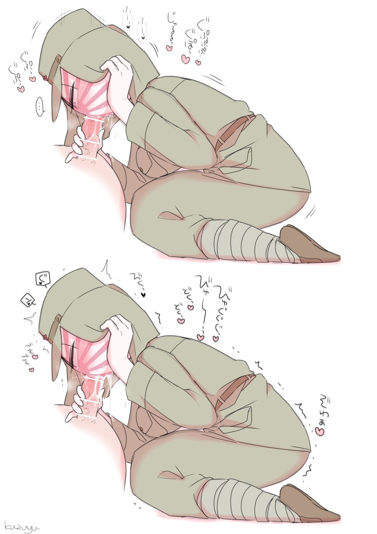 1boy, 1girls, blush, censor bar, censored, censored penis, countryhumans, countryhumans girl, fellatio, female, hat, japanese empire (countryhumans), japanese text, kuzuyu (artist), male, military uniform, onomatopoeia, penis, simple background, text, uniform, united states of america (countryhumans), watermark, white background