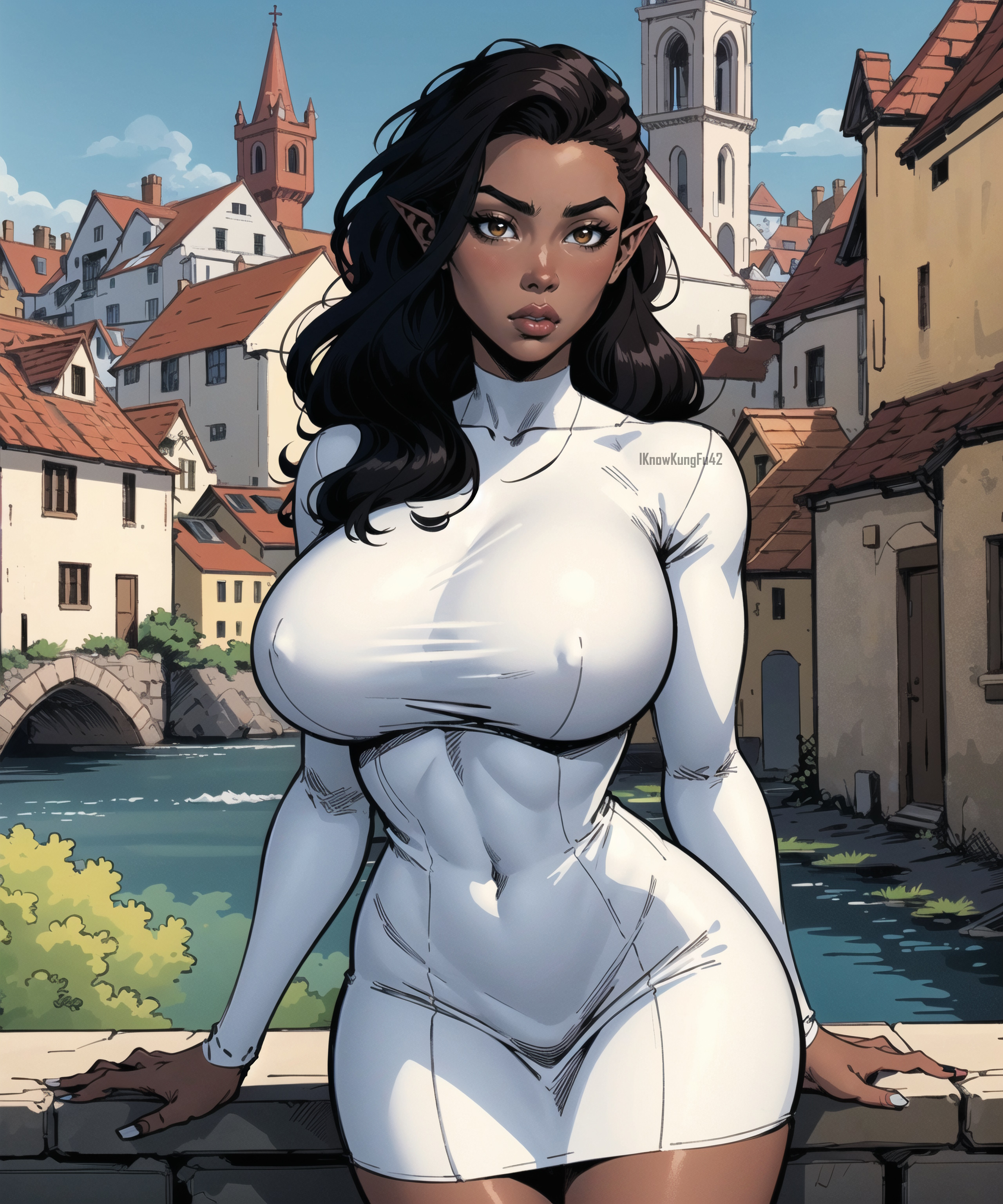 1girls, ai generated, artist name, big breasts, big lips, black hair, breasts, brown eyes, busty, clothed, clothing, curvaceous, curvy, curvy figure, dark elf, dark skin, dark-skinned female, detailed background, dress, elf, elf ears, elf female, eyelashes, female, female only, hi res, high resolution, highres, hips, hourglass figure, iknowkungfu42, large breasts, lips, long hair, looking at viewer, nipples visible through clothing, original, original character, parted lips, pointy ears, skin tight, solo, thick lips, thick thighs, thighs, voluptuous, wavy hair, white clothing, white dress, wide hips