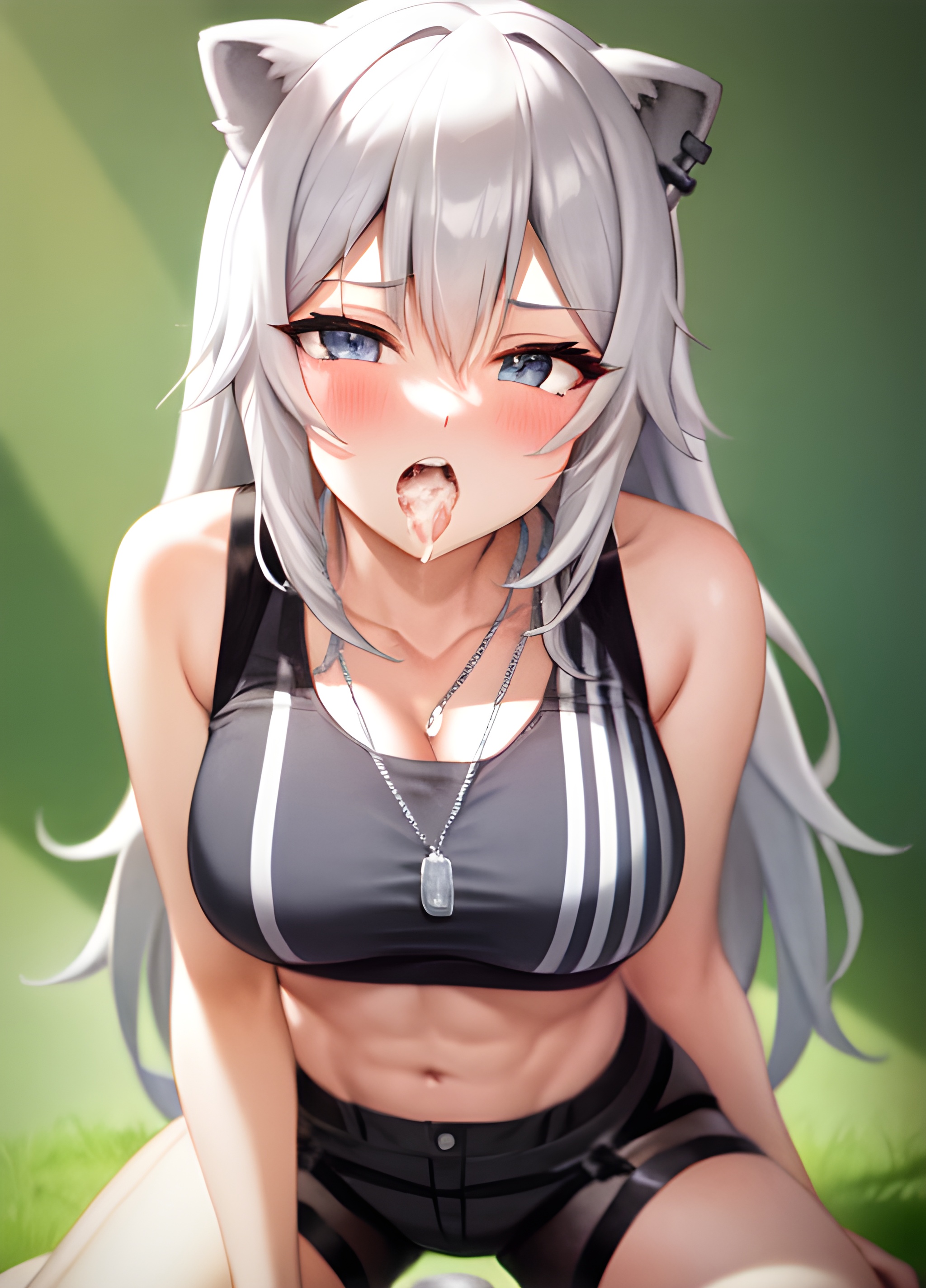 abs, ai generated, blush, breasts, cat ears, cleavage, cum, cum in mouth, dog tags, female, hololive, hololive gen 5, hololive japan, kneeling, large breasts, open mouth, shishiro botan, silver hair, sports bra, stable diffusion, tongue, tongue out, virtual youtuber