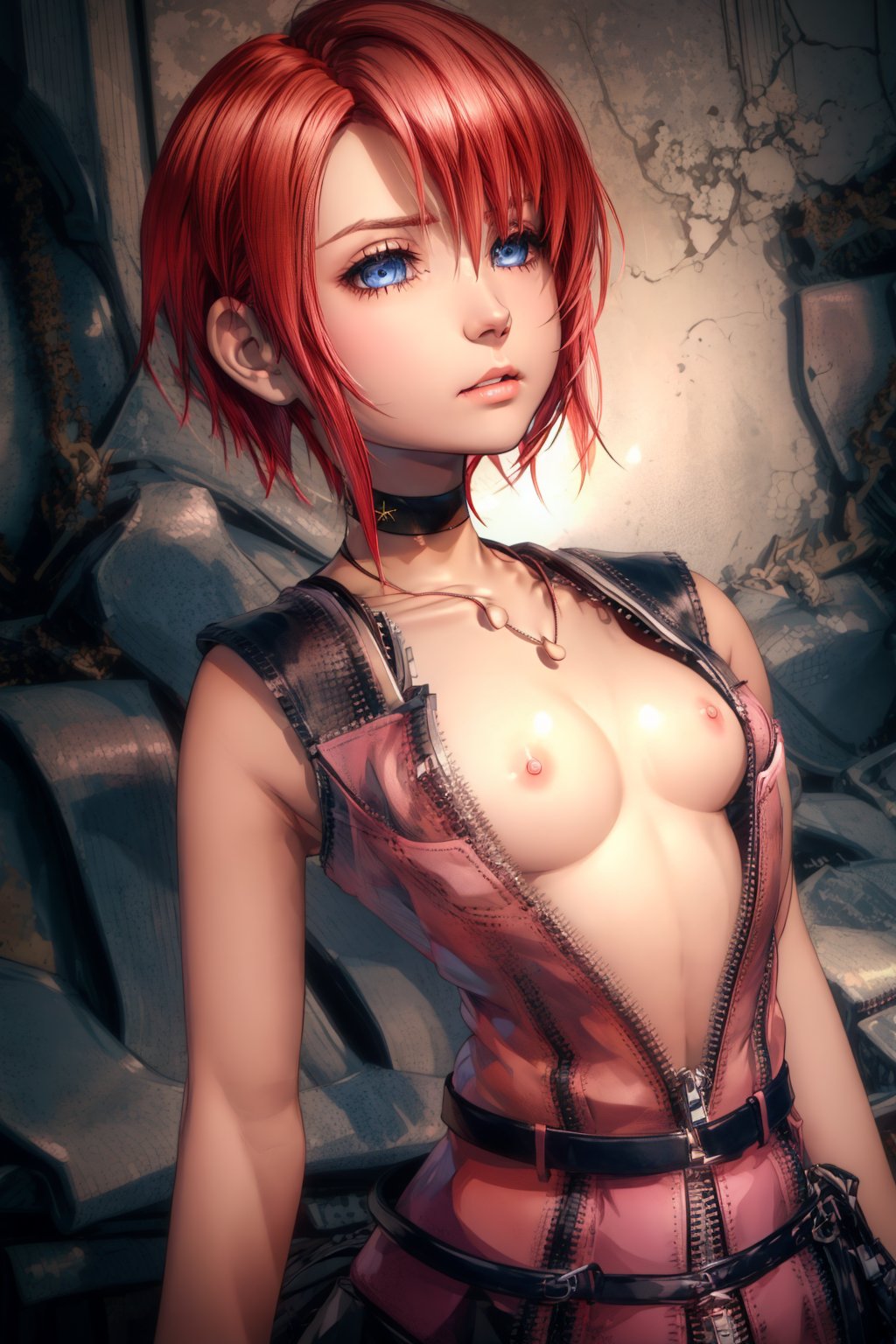 1girls, ai generated, ainoob17, breasts out, female, kairi, kingdom hearts, no bra, open clothes, red hair, stable diffusion