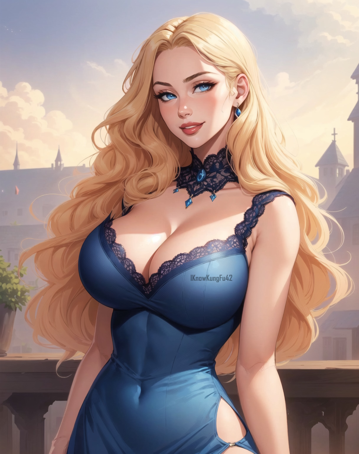 1girls, ai generated, artist name, big breasts, big lips, blonde hair, blue clothing, blue dress, blue eyes, breasts, busty, castle, choker, cleavage, clothed, clothing, curvaceous, curvy, curvy figure, detailed background, dress, earrings, eyelashes, female, female human, female only, hips, hourglass figure, human, iknowkungfu42, jewelry, lace, large breasts, light skin, light-skinned female, lips, long hair, looking at viewer, original, original character, parted bangs, parted lips, princess, red lips, smile, solo, thick lips, voluptuous, wavy hair, wide hips