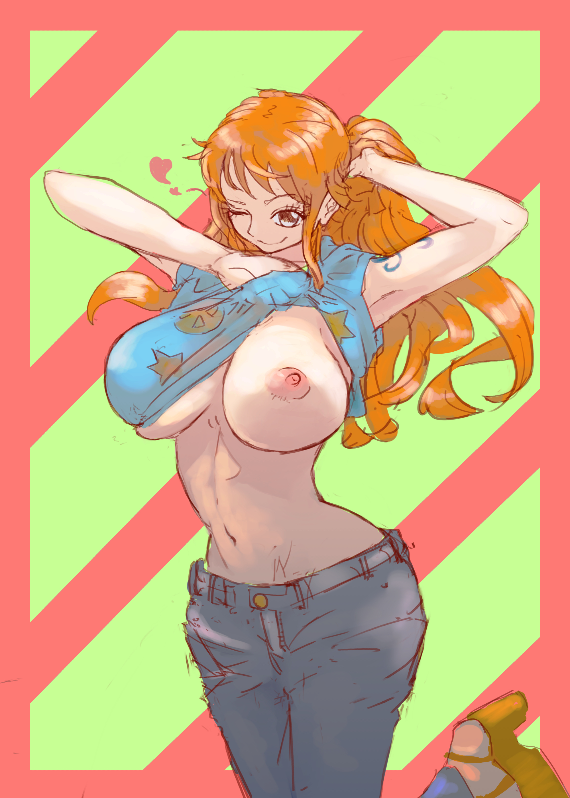 1girls, areolae, arm tattoo, belly button, big breasts, blue tattoo, breast focus, breasts, busty, curvy, exposed breasts, exposing, female, female only, high heels, jeans, long hair, middlefing1111, nami (one piece), nipples, one breast out, one piece, orange hair, orange-haired female, pants, platform heels, post-timeskip, presenting, shirt, shirt lift, solo, tattoo, toned, toned female, wink