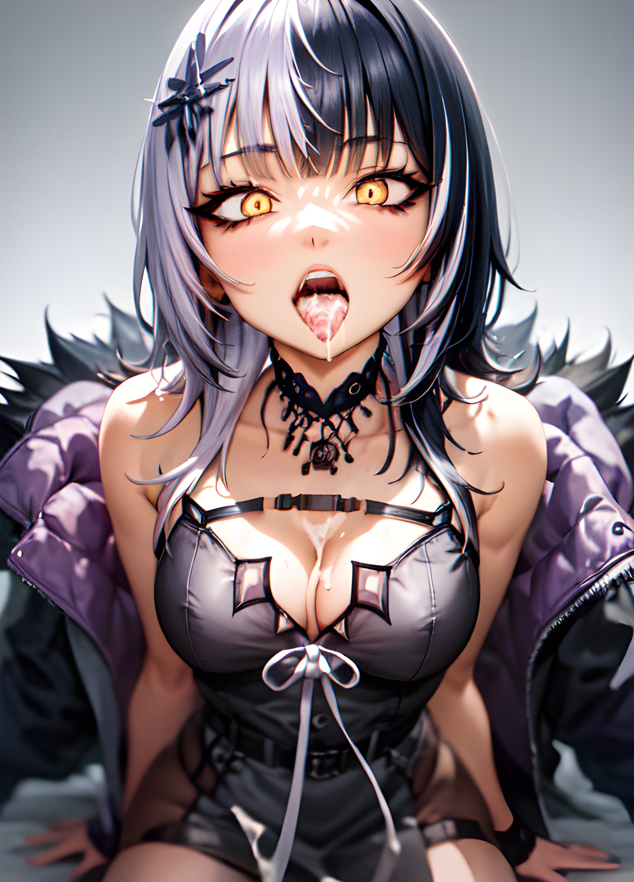 ai generated, blush, breasts, cleavage, cum, cum in mouth, cum on breasts, female, glowing eyes, hololive, hololive english, hololive english -advent-, open mouth, shiori novella, sitting, split-color hair, stable diffusion, tongue, tongue out, virtual youtuber, yellow eyes