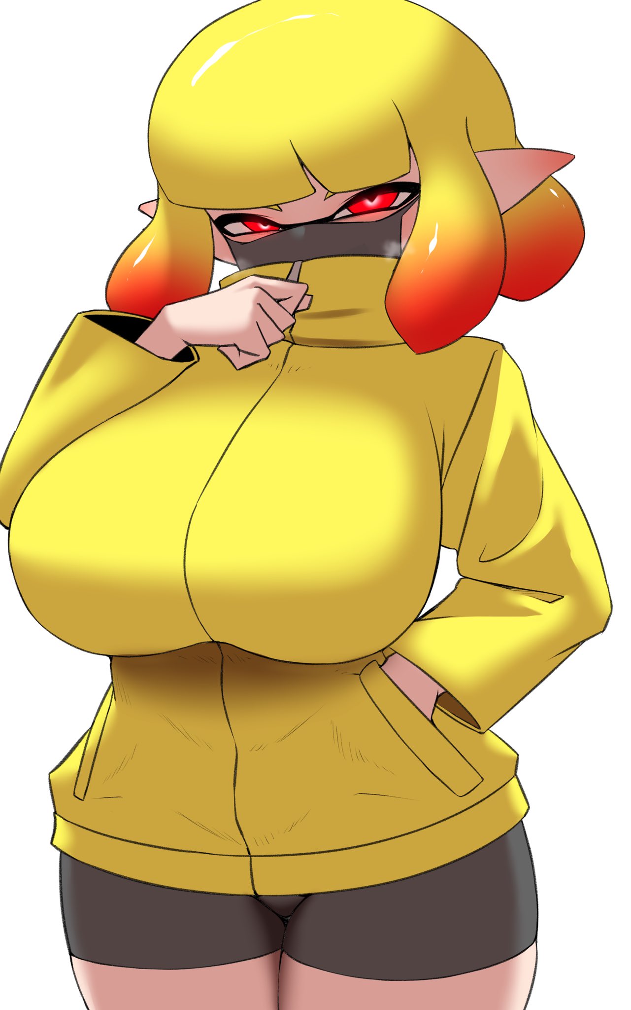 agent 4 (splatoon), alternate version available, big breasts, breasts, female, female only, huge breasts, inkling, inkling girl, light skin, light-skinned female, mask, nintendo, nobunagapero, peronattu, red eyes, red hair, short hair, splatoon, splatoon 2, thick thighs, two-tone hair, wide hips, yellow hair