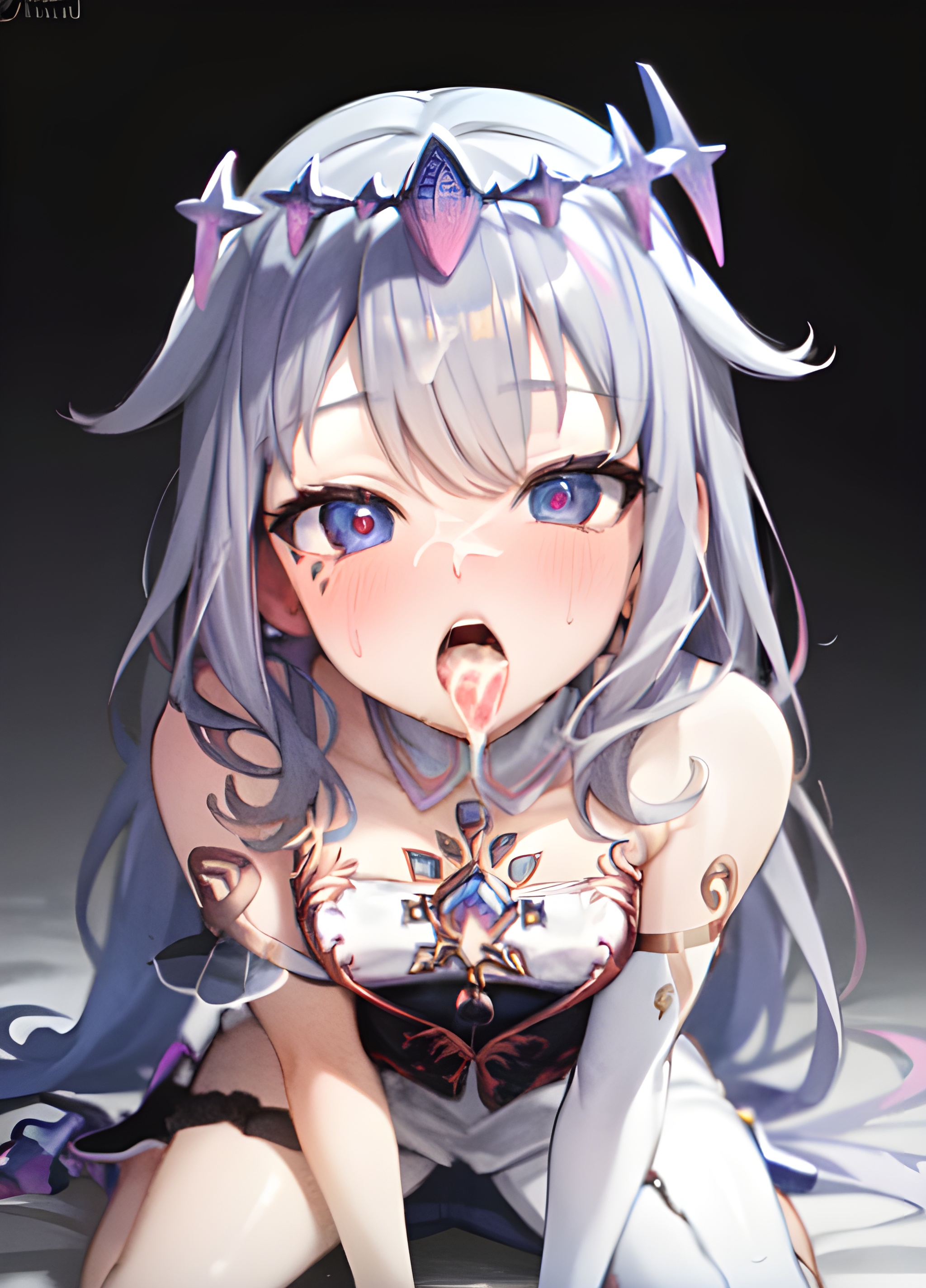 ai generated, blush, crystal, cum, cum in mouth, female, hololive, hololive english, hololive english -advent-, kneeling, koseki bijou, open mouth, purple crystal, stable diffusion, tongue, tongue out, virtual youtuber