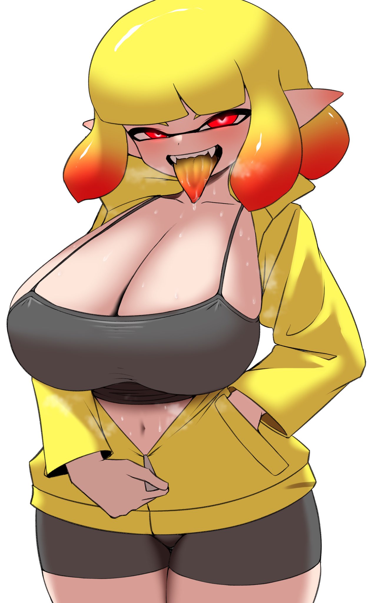 agent_4_(splatoon) alternate_version_available big_breasts cleavage female female_only huge_breasts inkling inkling_girl light-skinned_female light_skin nintendo nobunagapero peronattu red_eyes red_hair short_hair splatoon splatoon_2 steam steaming_body sweat thick_thighs tongue_out two_tone_hair wide_hips yellow_hair