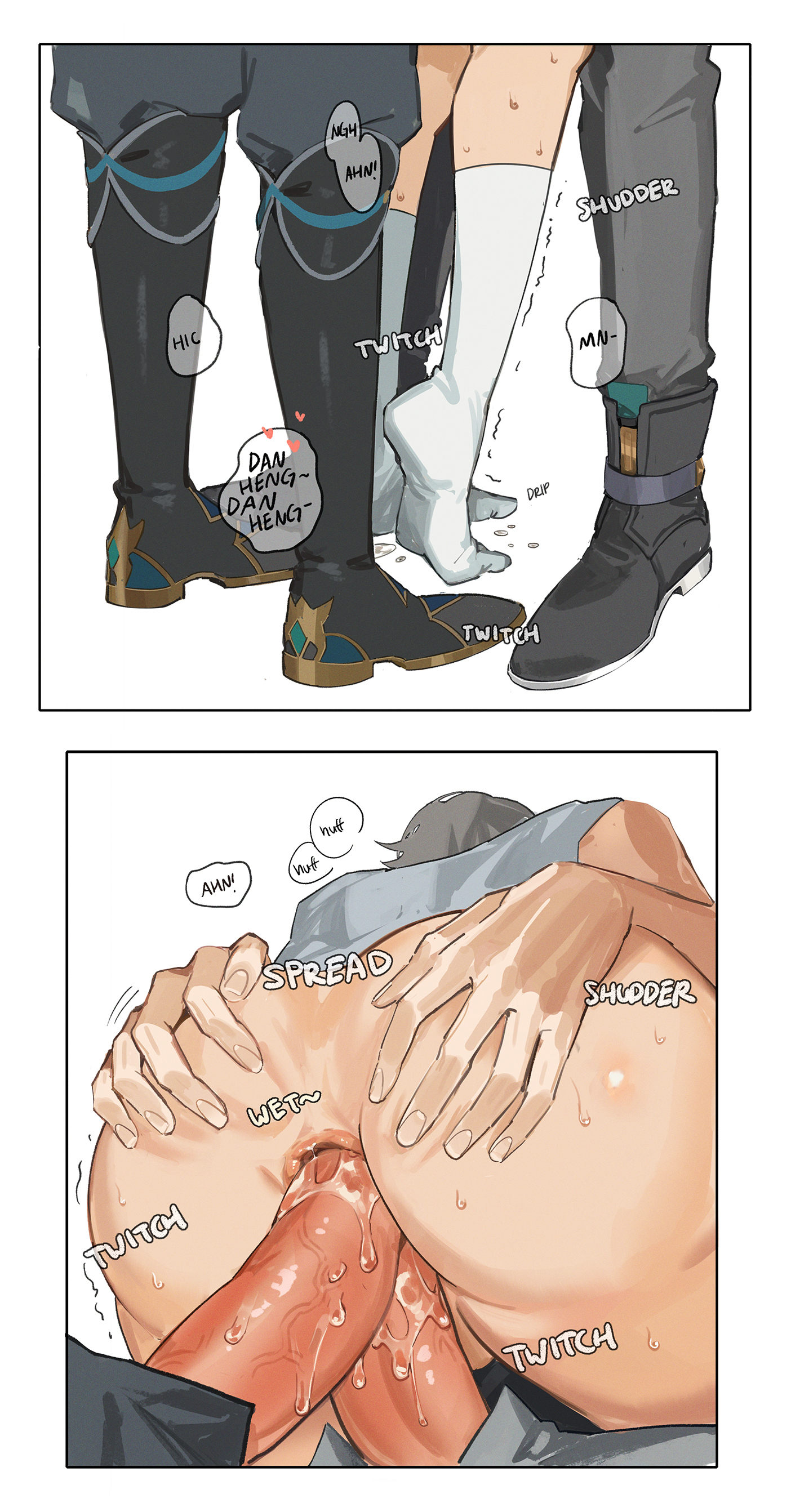 anal, caelus (honkai: star rail), carrying position, dan heng, dan heng (imbibitor lunae), double anal, double penetration, gay, groping ass, honkai (series), honkai: star rail, lube, lyoo (gajyago), male, male only, raw sex, socks, spreading ass, threesome, yaoi