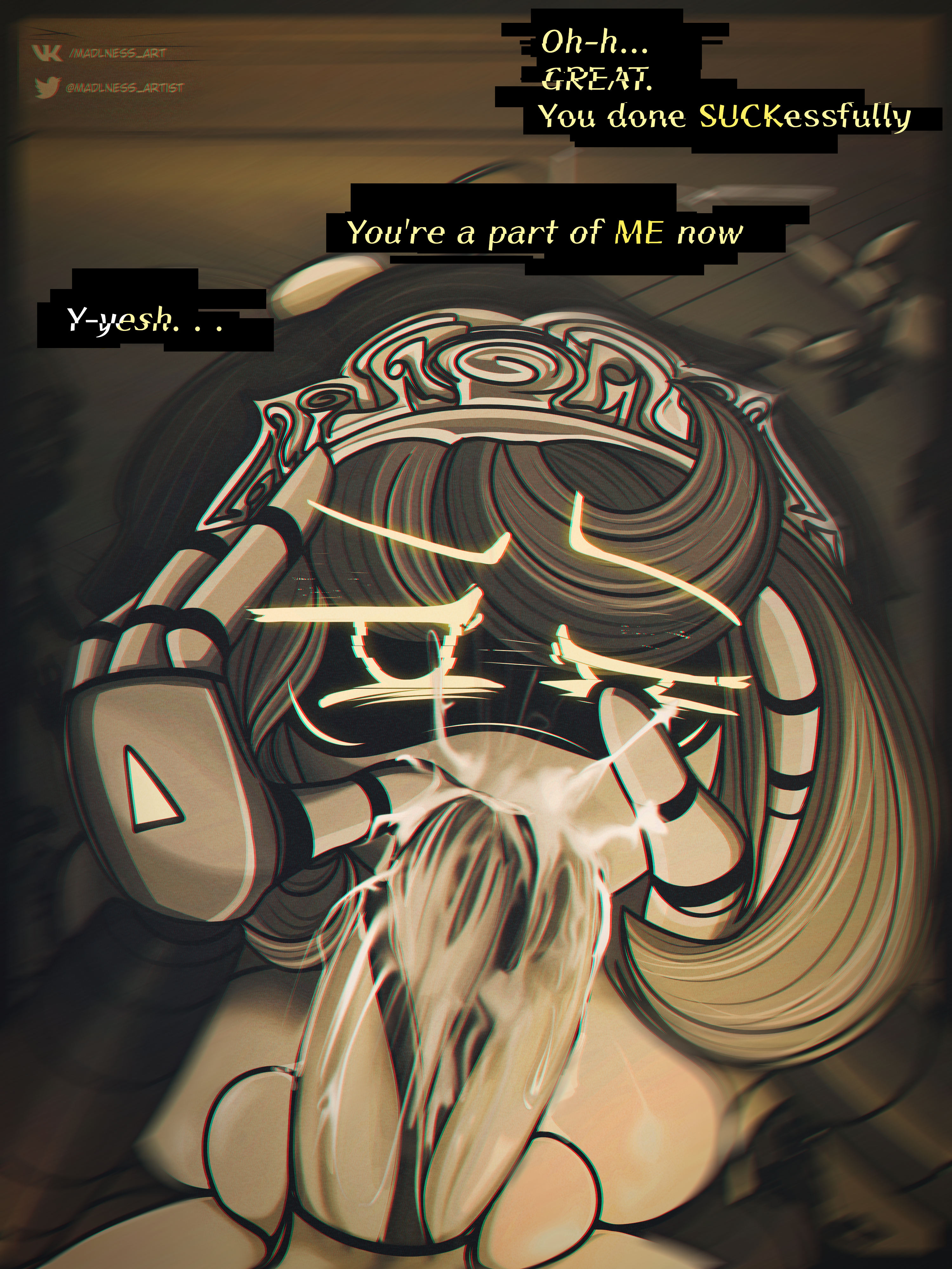 1futa, 1girls, background, balls, big penis, blowjob, blurred background, breasts, colored, comic page, cum, cum in mouth, cum on face, cumming, cyn (murder drones), dialogue, english text, erection, fellatio, female, female focus, futa on female, futanari, glasses, glitch productions, grabbing head, grey body, grey hair, huge cock, humanoid, humanoid penis, intersex, madlness, murder drones, nude, oral, penis, robot, robot girl, sex, standing, text, v (murder drones)