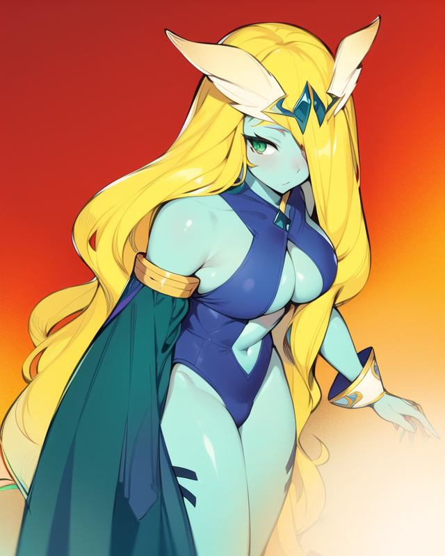 1girls ai_generated bishoujo_senshi_sailor_moon blonde_hair blue_skin blush boob_window breasts clothing cuffs dark_kingdom dd_girls female green_eyes large_breasts leotard long_hair looking_at_viewer monster_girl monster_of_the_day solo stomach thick_thighs thighs very_long_hair villainess wide_hips wrist_cuffs youma