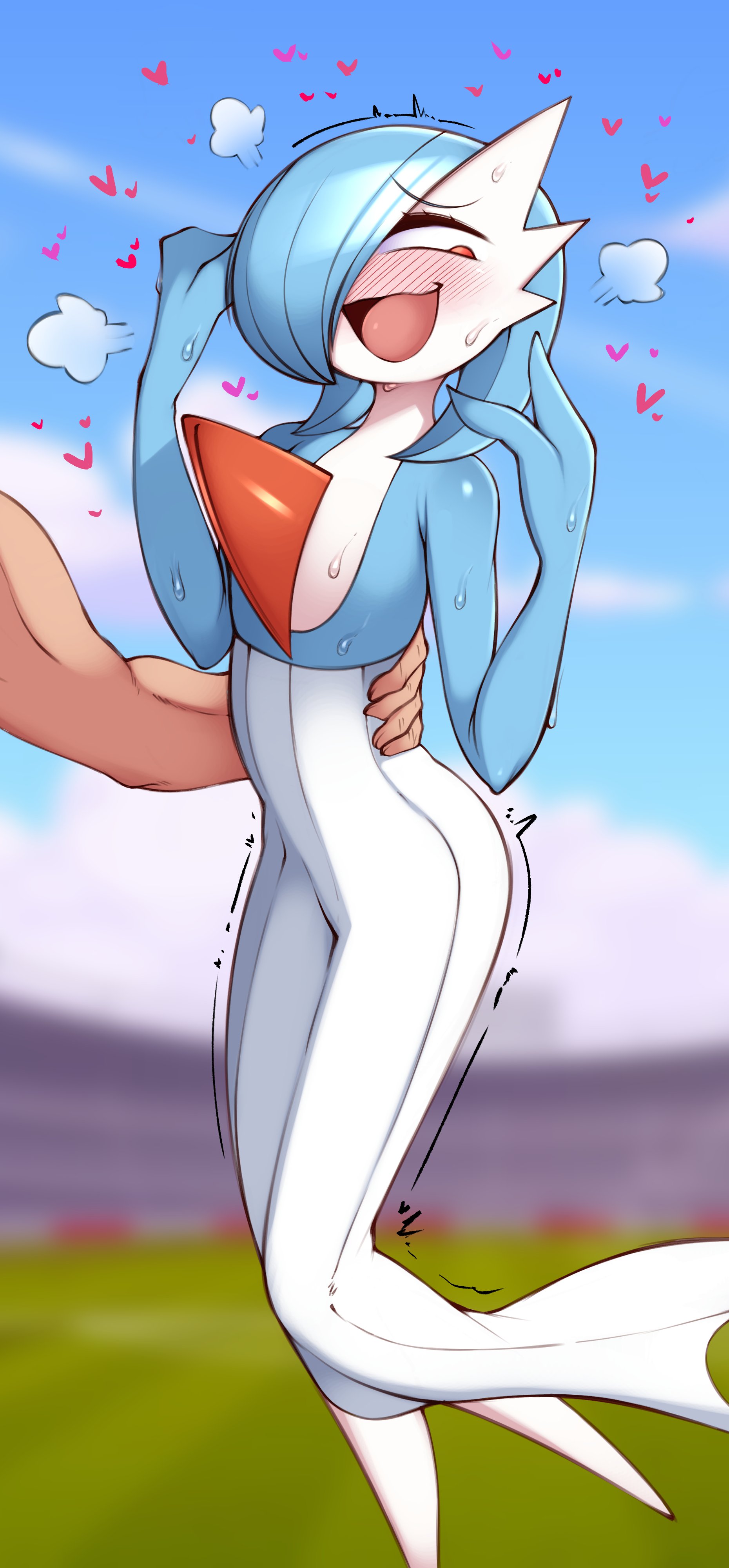 1boy, 1girls, anthro, blue hair, breasts, chest spike, female, female pokemon, flat chest, gardevoir, generation 3 pokemon, hair over one eye, hi res, human, human male, imminent sex, male, nintendo, no breasts, pokémon (species), pokemon, pokemon (species), pokephilia, saltyxodium, shiny pokemon, short hair, white body