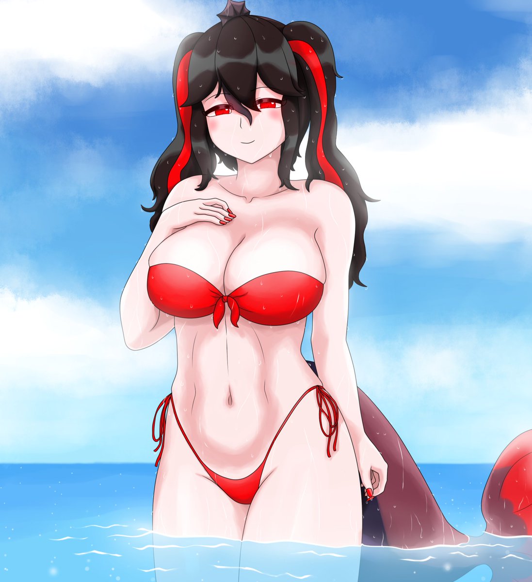 1girls akami_chiyo ale_131 big_breasts bikini black_hair cleavage clouds day female_only latam_virtual_youtuber long_hair looking_at_viewer ocean pale-skinned_female pale_skin pigtails piranha_girl red_bikini red_eyes red_hair red_nails smiling_at_viewer swimsuit two_tone_hair virtual_youtuber water wet wet_body