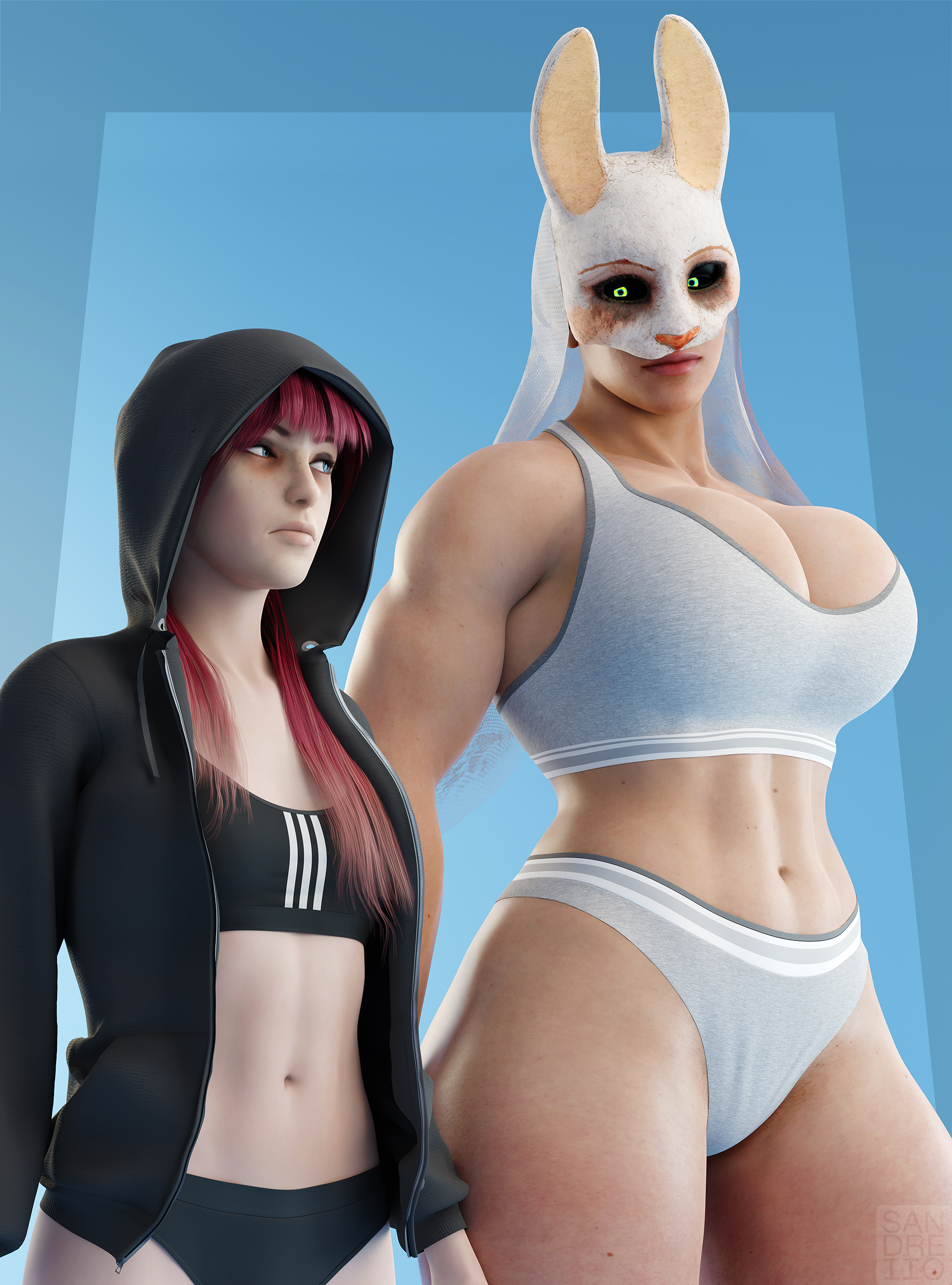 2girls, 3d, bra, breast envy, breasts, dbd, dead by daylight, female, hoodie, huntress (dead by daylight), mask, masked female, multiple females, multiple girls, muscle mommy, muscles, muscular, muscular female, sandreiio, size difference, sports bikini, sports bra, sports panties, susie (dead by daylight), the legion, underwear, workout clothes