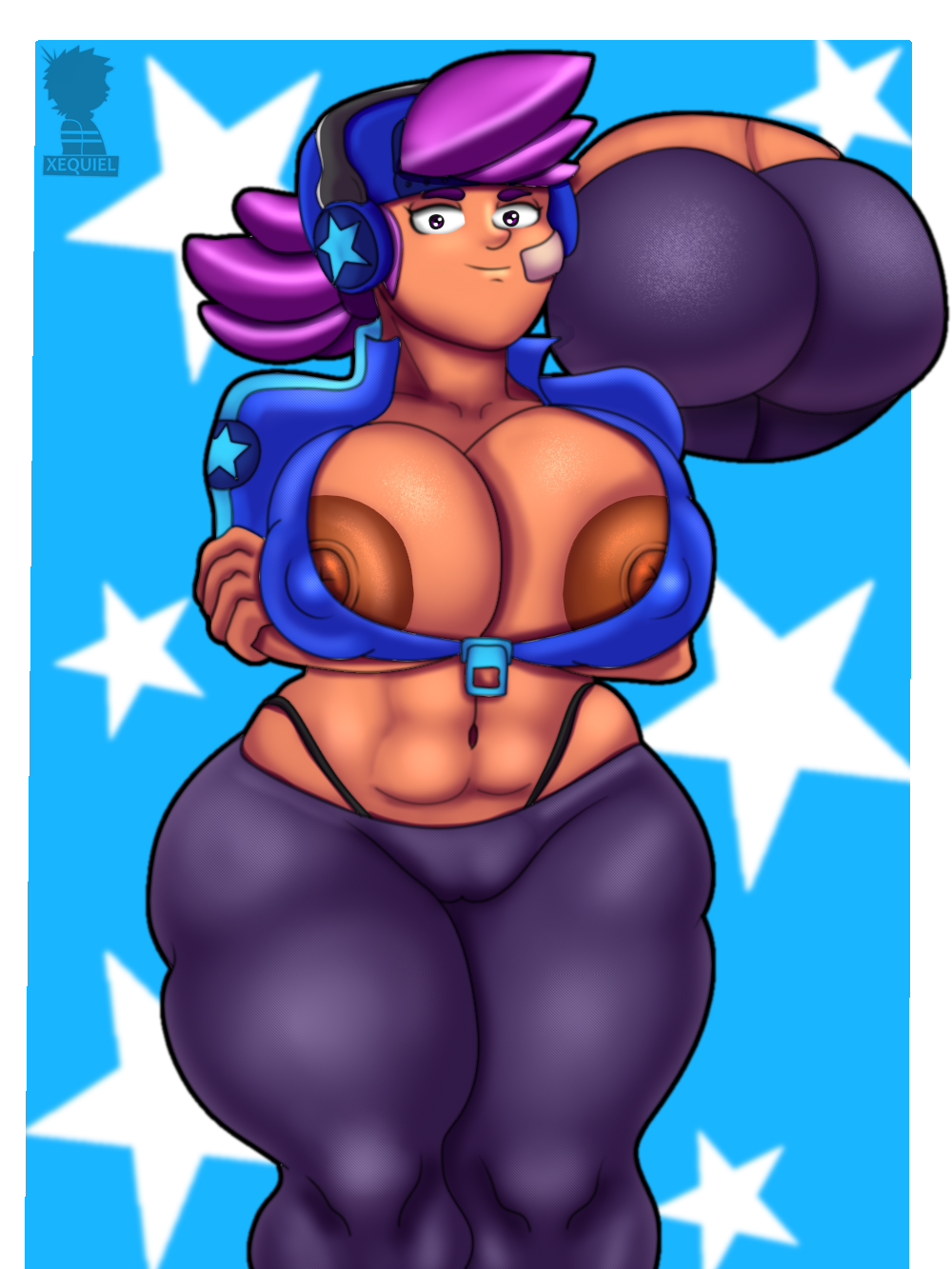 big big_ass big_breasts big_butt brawl_stars exposed_breasts headphones nipple_bulge peaking_out shelly_(brawl_stars) star_shelly tight_clothing tight_fit xequiel zipper