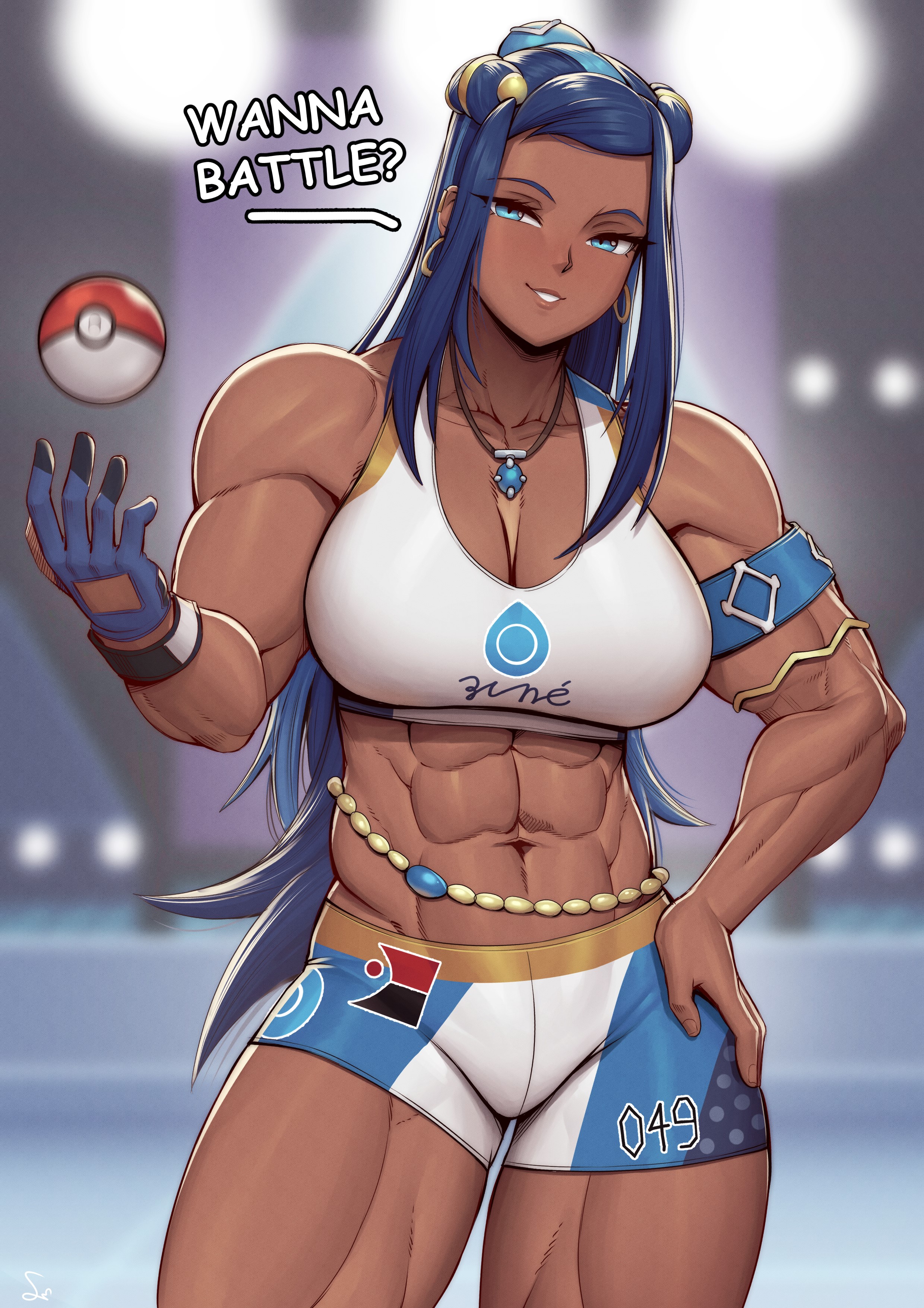 1girls, abs, absurd res, armband, bike shorts, blue eyes, blue hair, breasts, cleavage, dark skin, dark-skinned female, dialogue, earrings, english text, eyeshadow, female, female only, hair bun, huge breasts, jewelry, large breasts, long hair, looking at viewer, motion blur, multicolored hair, muscular, muscular female, navel, necklace, nessa (pokemon), parted lips, poke ball, pokemon, pokemon ss, purple hair, shorts, single glove, speedl00ver, sports bra, text, two-tone hair