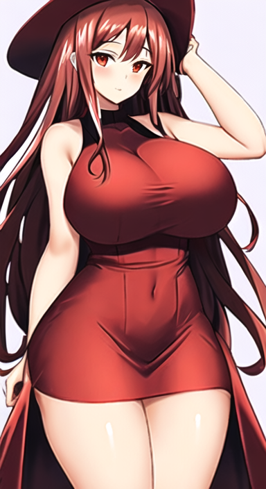 1girls ai_generated anything_diffusion big_breasts brown_hair brown_hair clothing dezgo_ai female female_only huge_breasts red_dress red_eyes thick_thighs