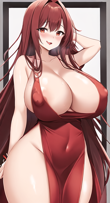 1girls ai_generated anything_diffusion big_breasts brown_hair clothing dezgo_ai female female_only huge_breasts nipples nipples_visible_through_clothing open_mouth red_dress red_eyes thick_thighs wide_hips