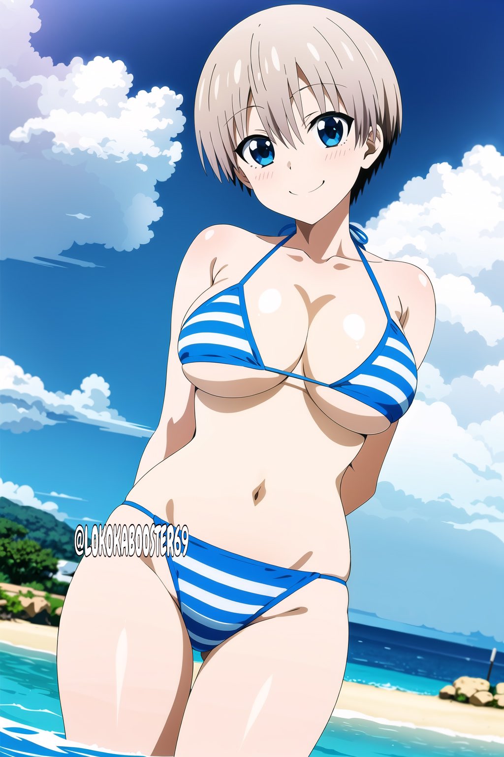 1girls, ai generated, arms behind back, beach, big breasts, bikini, blue eyes, blush, breasts, busty, female, grey hair, large breasts, legs, looking at viewer, navel, ocean, pose, posing, short hair, smile, solo, thighs, uzaki hana, uzaki-chan wa asobitai!, water
