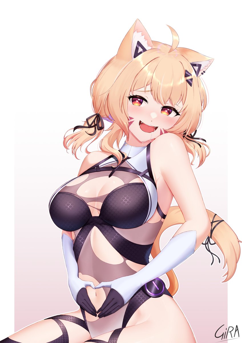 1girl :d ahoge animal_ears artist_name bangs bare_shoulders black_gloves black_ribbon blonde_hair blush bodysuit breasts cat_ears cat_tail catgirl cleavage collarbone diagonal_stripes elbow_gloves eyebrows_visible_through_hair fangs gloves hair_ornament hair_ribbon hairclip large_breasts long_hair looking_at_viewer low_twintails navel open_mouth red_eyes ribbon short_twintails signature skindentation smile solo squchan_(vtuber) striped striped_background twintails virtual_youtuber vyugen