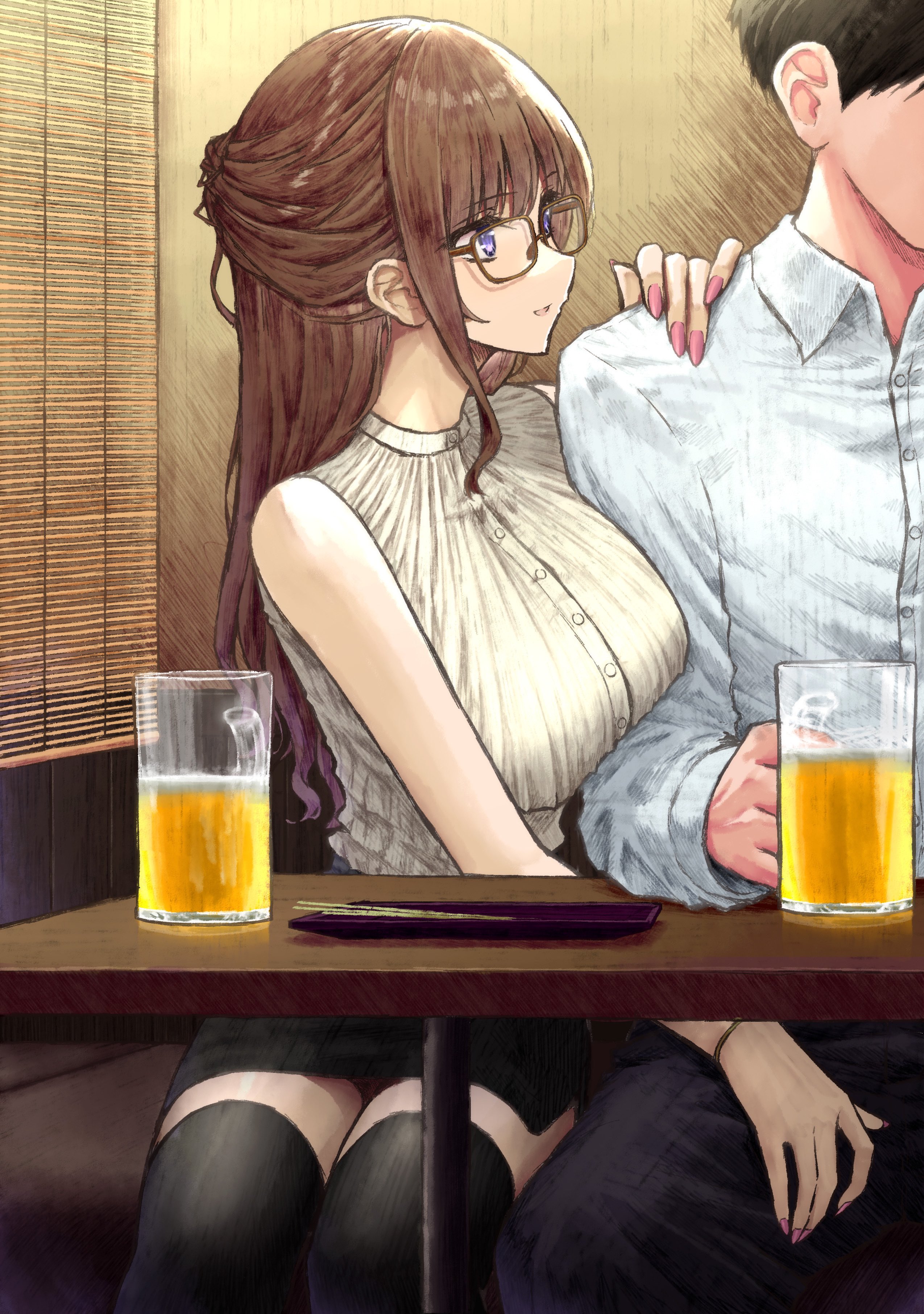 1boy, 1girls, alcohol, aramachin, beer, beer mug, breast press, breasts, brown hair, clothing, drink, drunk, female, fully clothed, glasses, hi res, human, leaning forward, male, original, purple eyes, sitting, sweater, table, thighhighs, under the table