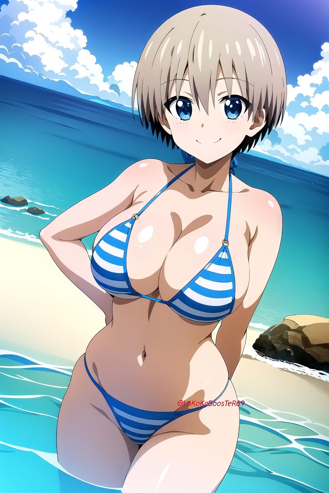 1girls, ai generated, arm behind back, beach, big breasts, bikini, blue eyes, blush, breasts, busty, child bearing hips, curvy, female, grey hair, hand on hips, large breasts, legs, looking at viewer, navel, ocean, pose, posing, short hair, smile, solo, thick thighs, thighs, uzaki hana, uzaki-chan wa asobitai!, water