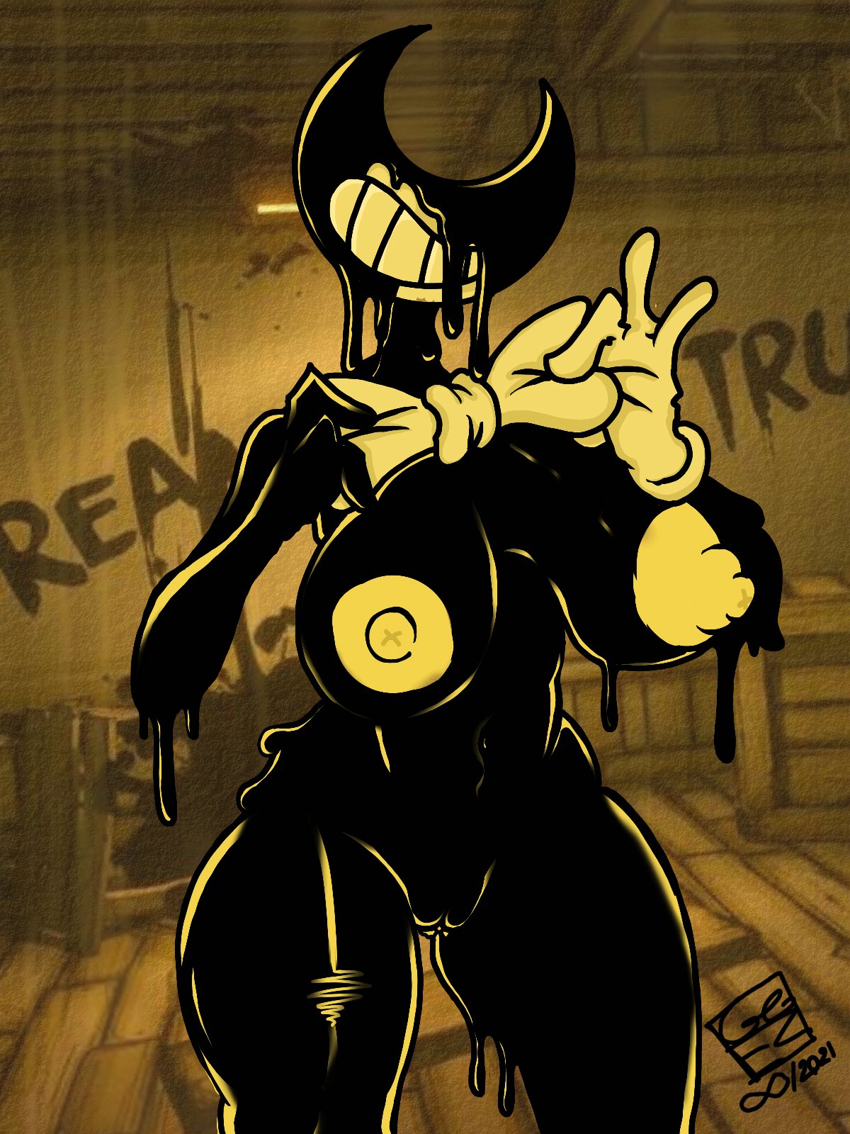 3:4 areola bendy_and_the_ink_machine bendy_the_dancing_demon big_breasts black_body bow_tie breasts clothing demon demon_humanoid eyeless female genitals ggez2341 gloves handwear hi_res huge_breasts humanoid ink ink_bendy ink_demon navel nipples nude pussy rule_63 smile solo thick_thighs white_clothing white_gloves white_handwear wide_hips yellow_areola yellow_nipples