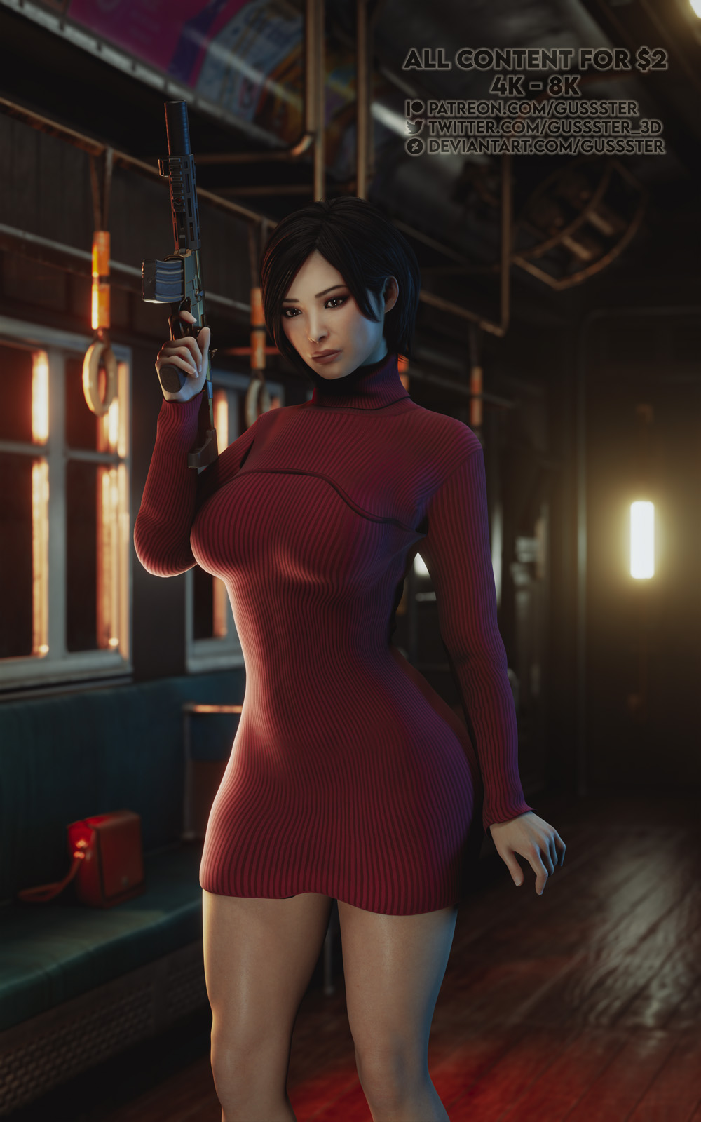 1girls 3d ada_wong ada_wong_(adriana) background blender breasts dress eye_contact female female_only fully_clothed gun gussster pov red_dress resident_evil resident_evil_2 resident_evil_2_remake resident_evil_4 resident_evil_4_remake solo submachine_gun sweater sweater_dress thick_thighs thighs train weapon