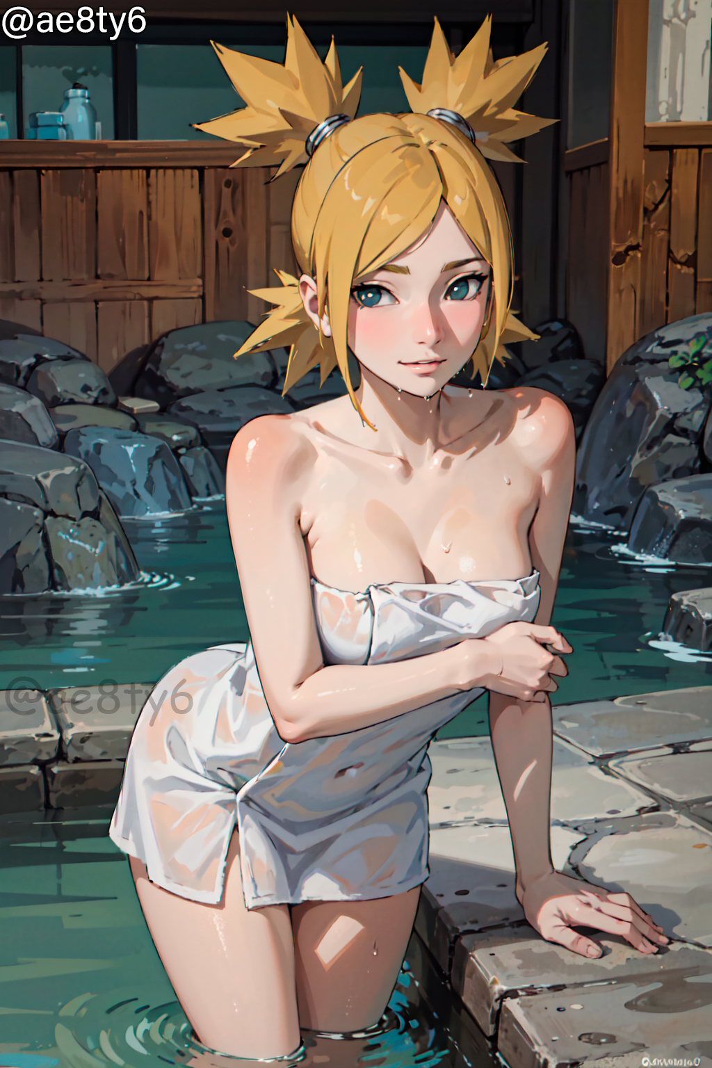 1girls ae8ty6 ai_generated arched_back arm_support arm_under_breasts ass barely_clothed bathtub blush boruto:_naruto_next_generations breasts cleavage curvaceous front_view hot_spring legs_together looking_at_viewer mature mature_female milf mostly_nude nai_diffusion naked_towel naruto naruto_(series) onsen partially_submerged ponytail quad_tails smile solo solo_focus stable_diffusion teal_eyes temari tied_hair towel towel_only url water watermark web_address wet wet_body wet_skin