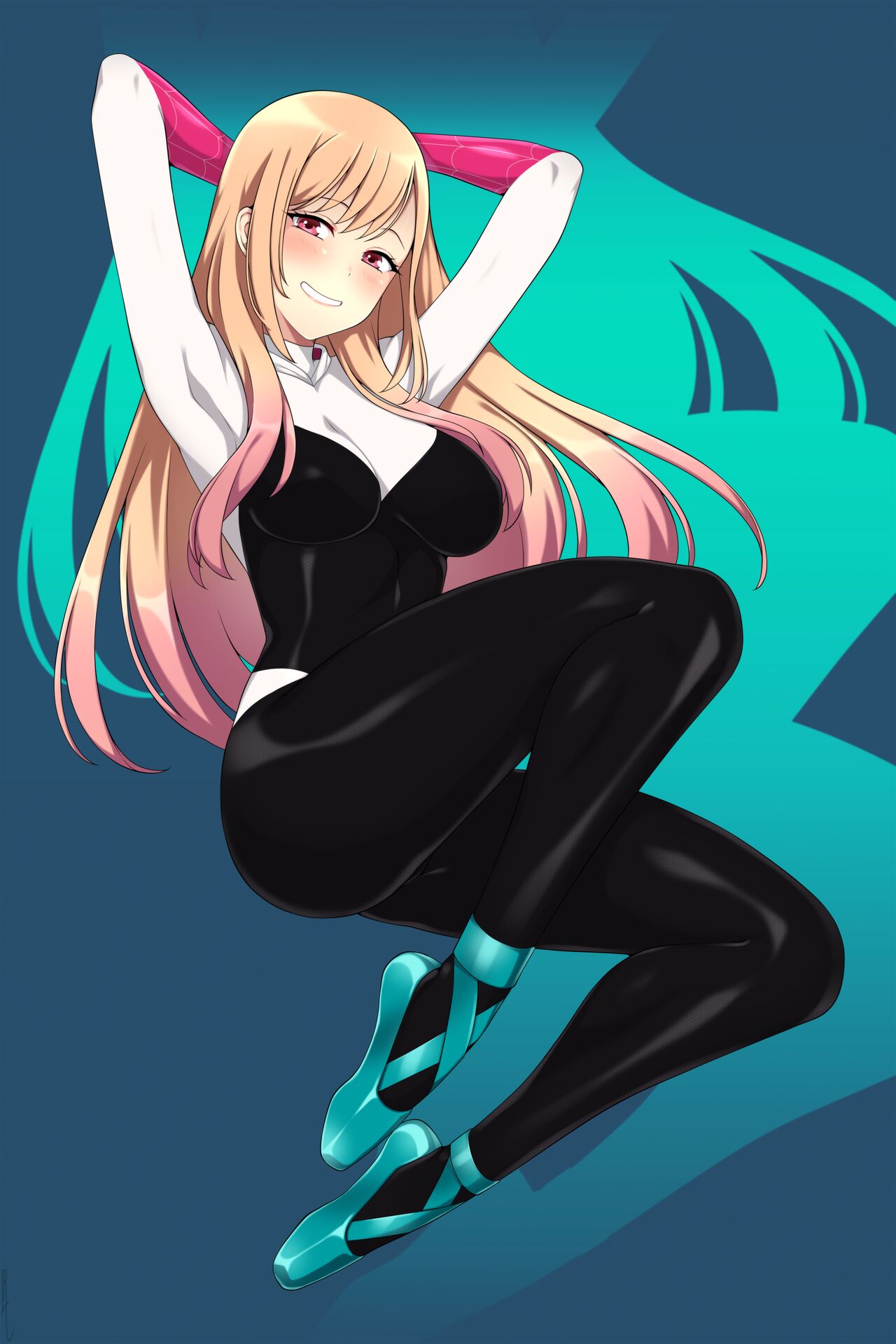 1girls, arms up, ballet slippers, black bodysuit, blonde hair, bodysuit, clothed, cosplay, cute, female, fully clothed, gradient hair, gyaru, kitagawa marin, light skin, light-skinned female, lindaroze, long hair, long-haired female, marvel, marvel comics, no sex, non-nude, pink eyes, pose, smile, solo, sono bisque doll wa koi wo suru, spider-gwen (cosplay), spider-man: across the spider-verse, very long hair