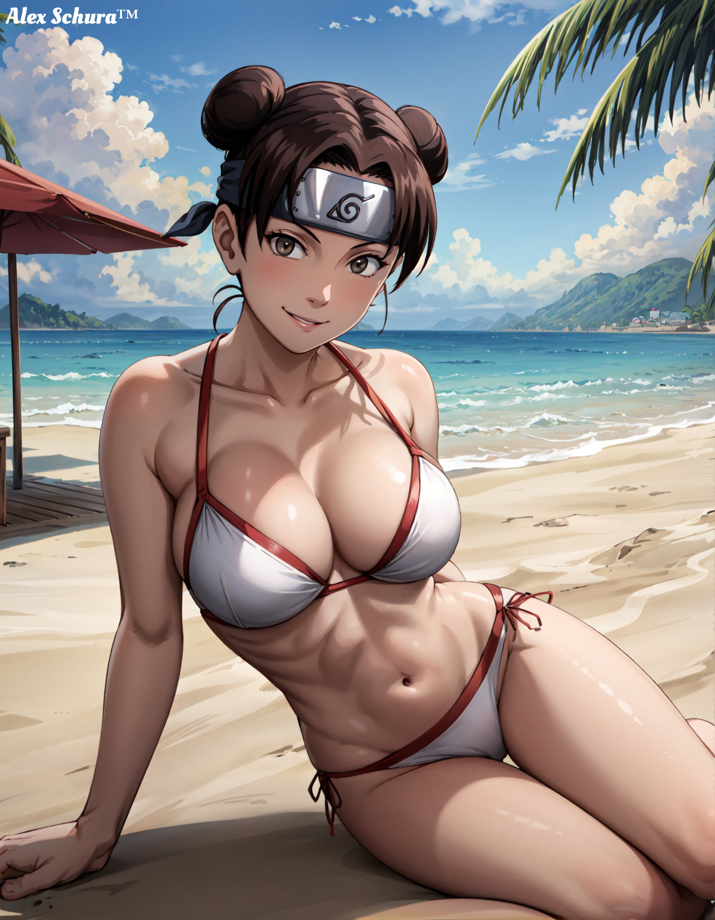 1girls, abs, adapted costume, ai generated, alex-schura, athletic, athletic female, bare legs, bare midriff, bare shoulders, barefoot, beach, beach umbrella, big breasts, bikini, bikini bottom, bikini top, breasts, brown eyes, brown hair, cleavage, curvaceous, double bun, female, hair bun, headband, highres, konohagakure symbol, legs together, looking at viewer, midriff, nai diffusion, naruto, naruto (series), naruto shippuden, ocean, oppai, sand, seaside, side-tie bikini, side-tie bikini bottom, sitting, smile, solo, stable diffusion, swimsuit, tenten, toned, toned female, twin buns, umbrella, voluptuous, water, watermark