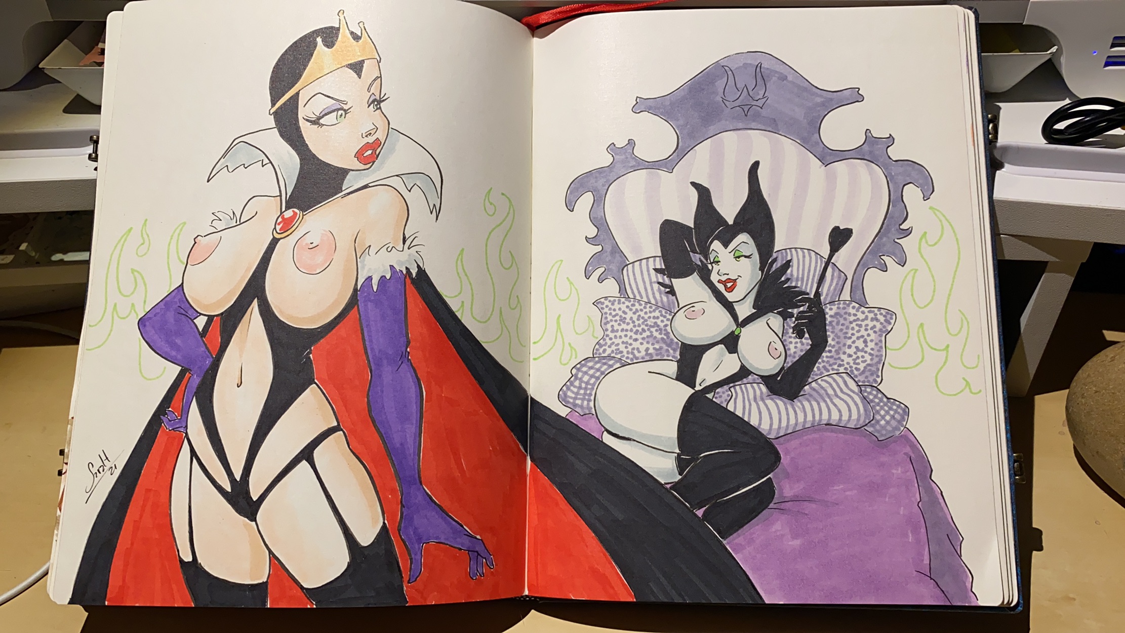 1girls, breasts, crossover, crown, disney, disney villains, female, female only, lingerie, maleficent, on bed, riding crop, sarah con hache, sleeping beauty (1959 film), snow white and the seven dwarfs (1937 film), the evil queen, thighhighs