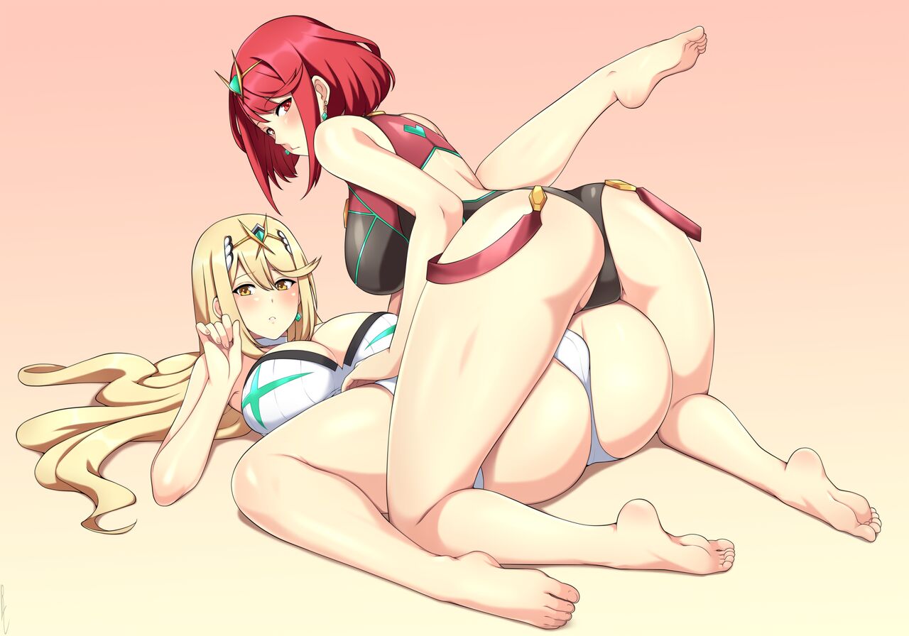 2girls, ass, blonde hair, breasts, bubble ass, bubble butt, female, incest, large breasts, lindaroze, long hair, multiple females, multiple girls, mythra, pyra, red eyes, red hair, selfcest, short hair, swimsuit, tagme, thick thighs, very long hair, xenoblade (series), xenoblade chronicles 2, yellow eyes, yuri