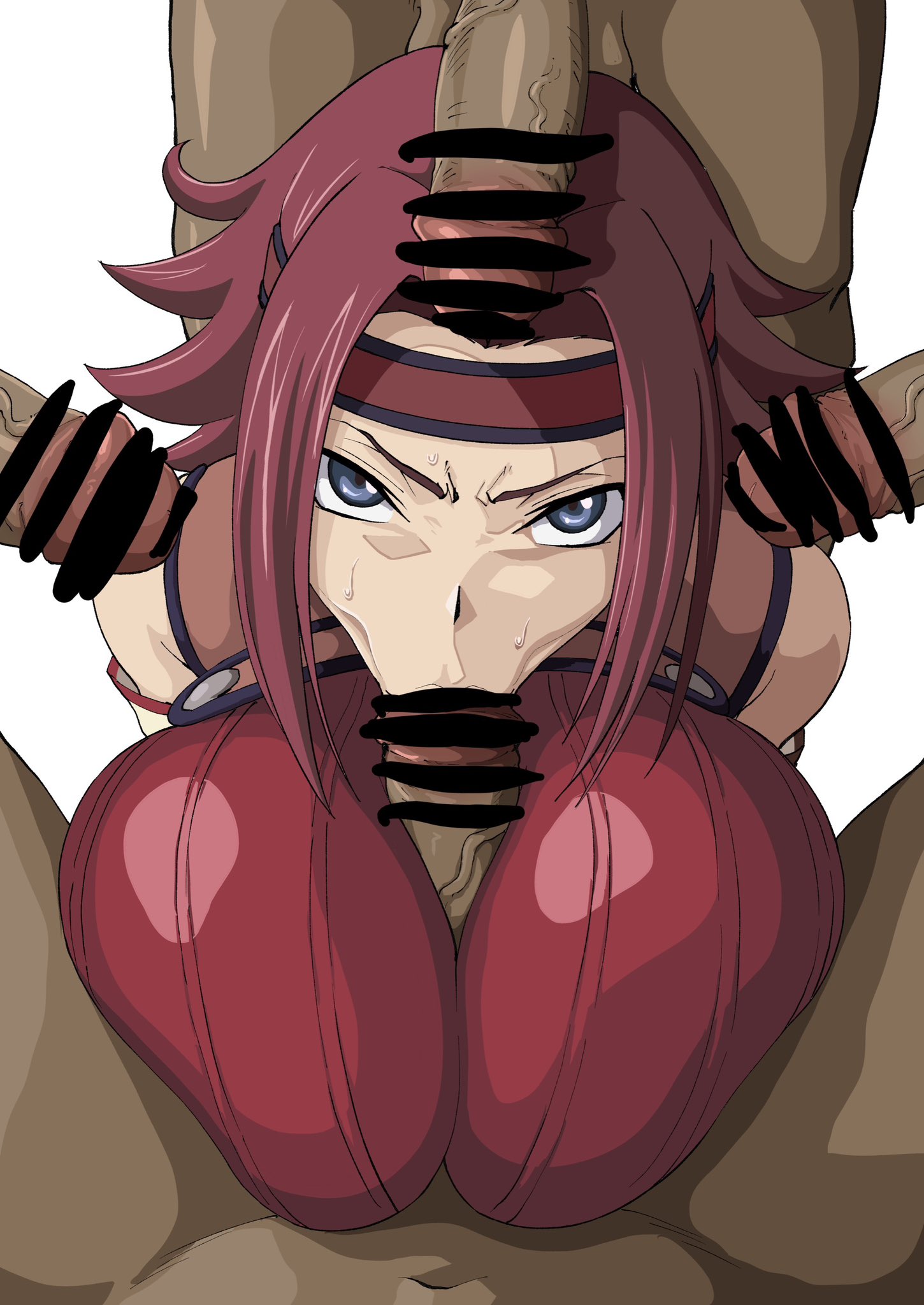:>=, 1girls, 4boys, angry, angry expression, angry eyes, angry face, anteater face, blowbang, blowjob, blue eyes, blush, breasts, censored, cleavage, code geass, dark skin, dark-skinned male, fellatio, female, huge breasts, iwao178, kallen stadtfeld, looking at viewer, male, medium hair, multiple boys, multiple males, no artist signature, no source, open mouth, paizufella, paizuri, penis, rape, red hair, simple background, surrounded by penises, sweat, titjob, white background
