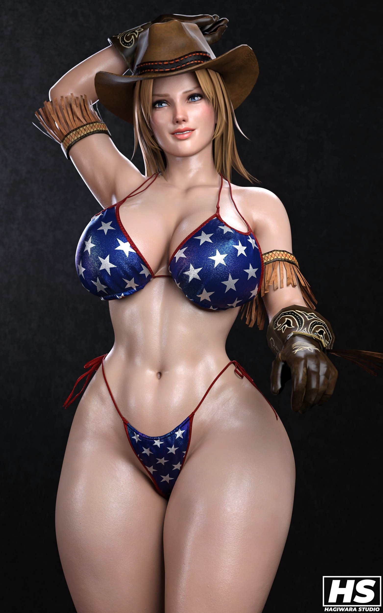 1girls, 3d, american flag bikini, arm above head, belly button, big breasts, bikini, blonde hair, blue eyes, breasts, busty, dead or alive, female, female only, gloves, hagiwara studio, hat, long hair, midriff, side tie bikini, simple background, smile, solo, solo female, standing, string bikini, swimsuit, thick thighs, thighs, tina armstrong