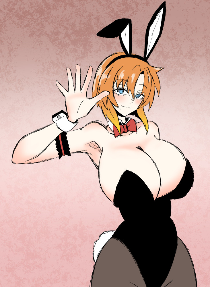 07th_expansion alternate_breast_size big_breasts blue_eyes breasts_bigger_than_head bunny_ears bunny_girl bunny_tail bunnysuit cleavage higurashi_no_naku_koro_ni looking_at_viewer orange_hair ryuuguu_rena tagme toshiaki1277 when_they_cry