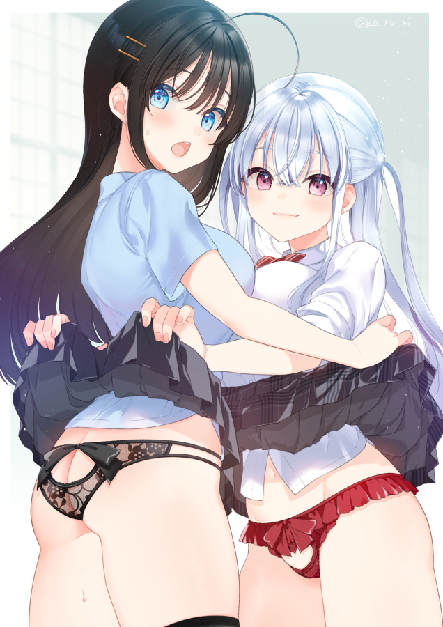 2girls ahoge ass black_hair black_panties black_skirt blue_eyes blue_shirt blush breasts closed_mouth clothes_lift commentary_request hair_ornament hairclip koruri large_breasts lifted_by_another long_hair multiple_girls open_mouth original panties pink_eyes pleated_skirt red_panties shirt skirt skirt_lift underwear white_hair white_shirt