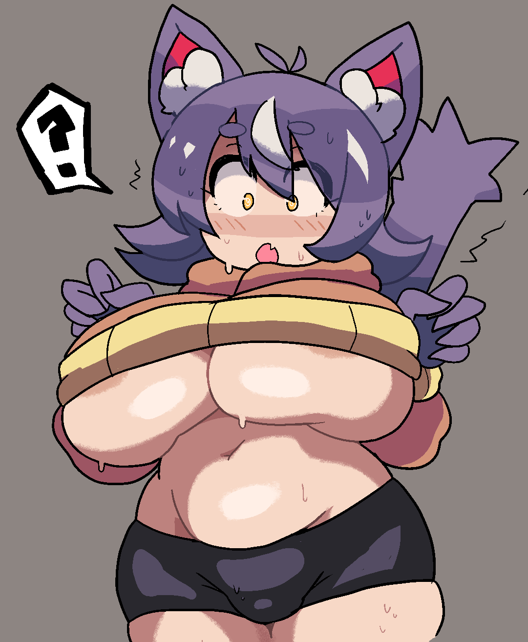 1girls, areolae slip, big breasts, breasts, chubby female, doodle, female, gloves, grey background, huge breasts, lifted shirt, light skin, light-skinned female, notnoe (dxcl), oc, open mouth, original character, purple hair, question mark, request, shorts, skin fang, solo, solo female, sweat, thick thighs, thighs, underboob, wolf ears, wolf girl, yellow eyes