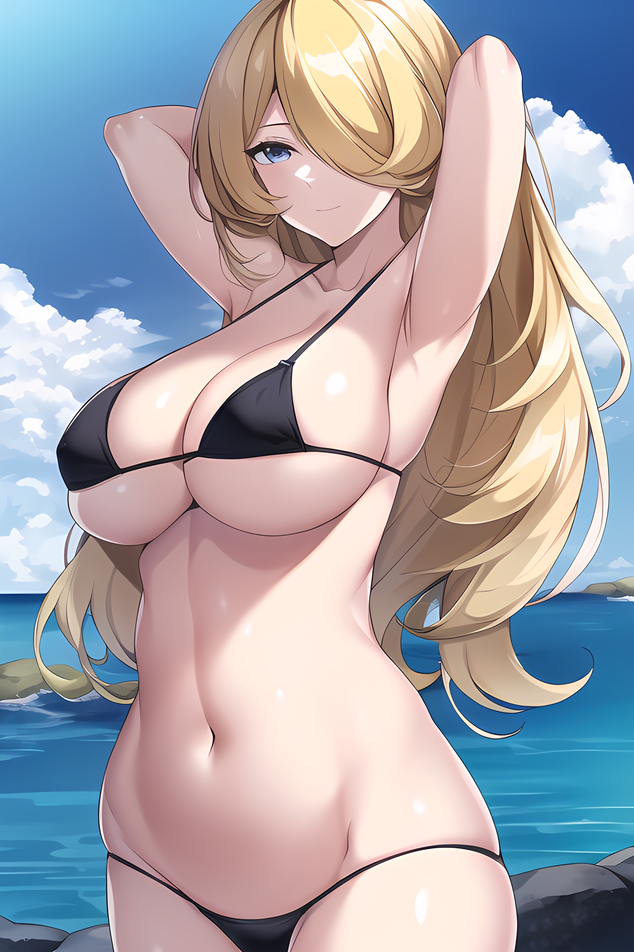ai generated, breasts, cynthia (pokemon), dumi, female, female only, nai diffusion, nintendo, pokemon, solo, stable diffusion, swimsuit, tagme